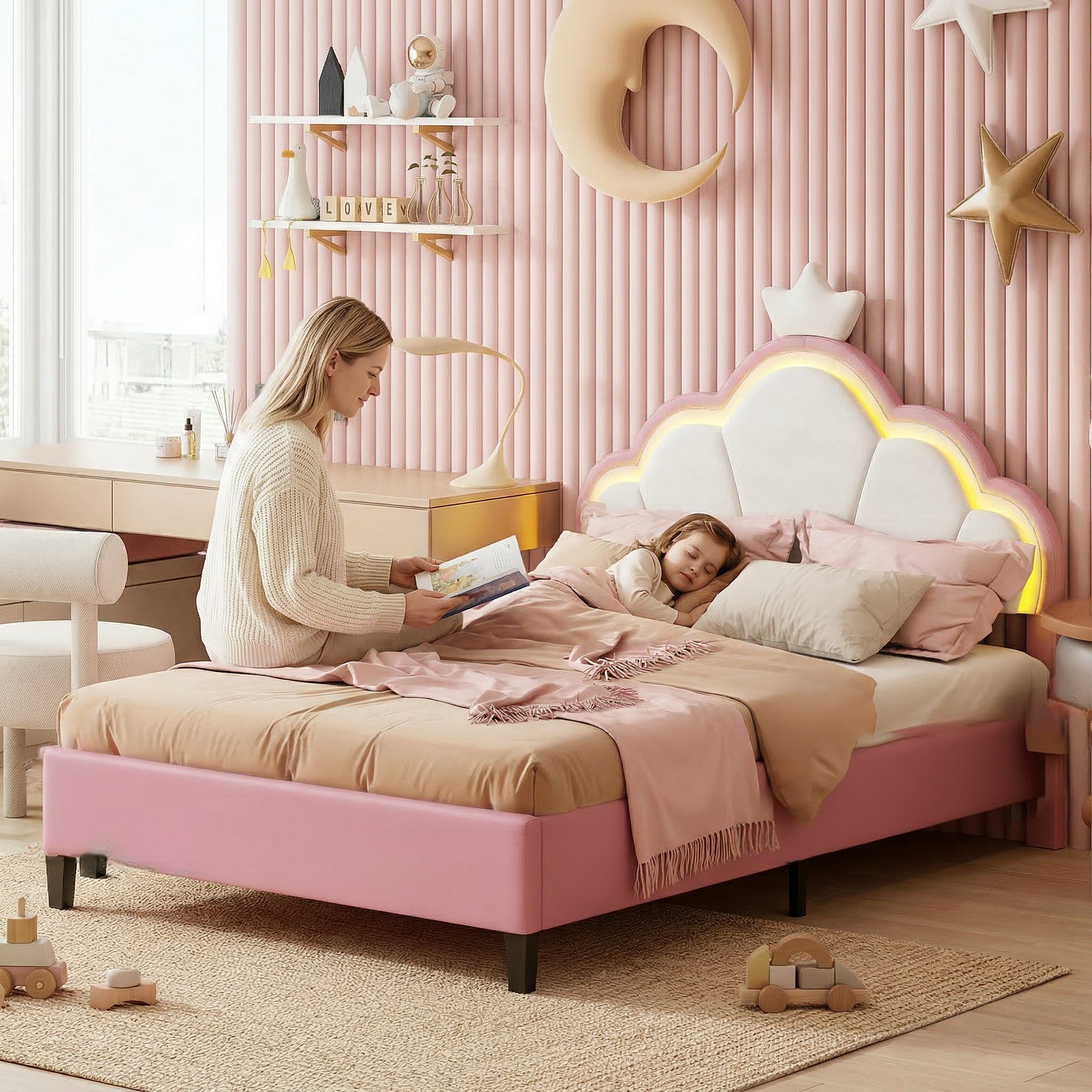 PXloue Polsterbett Kinderbett Jugendbett (Kopfteil hochstellbar), Doppelbett,kronenförmige-Kopfteil,mit LED und Lattenrost,90x200cm