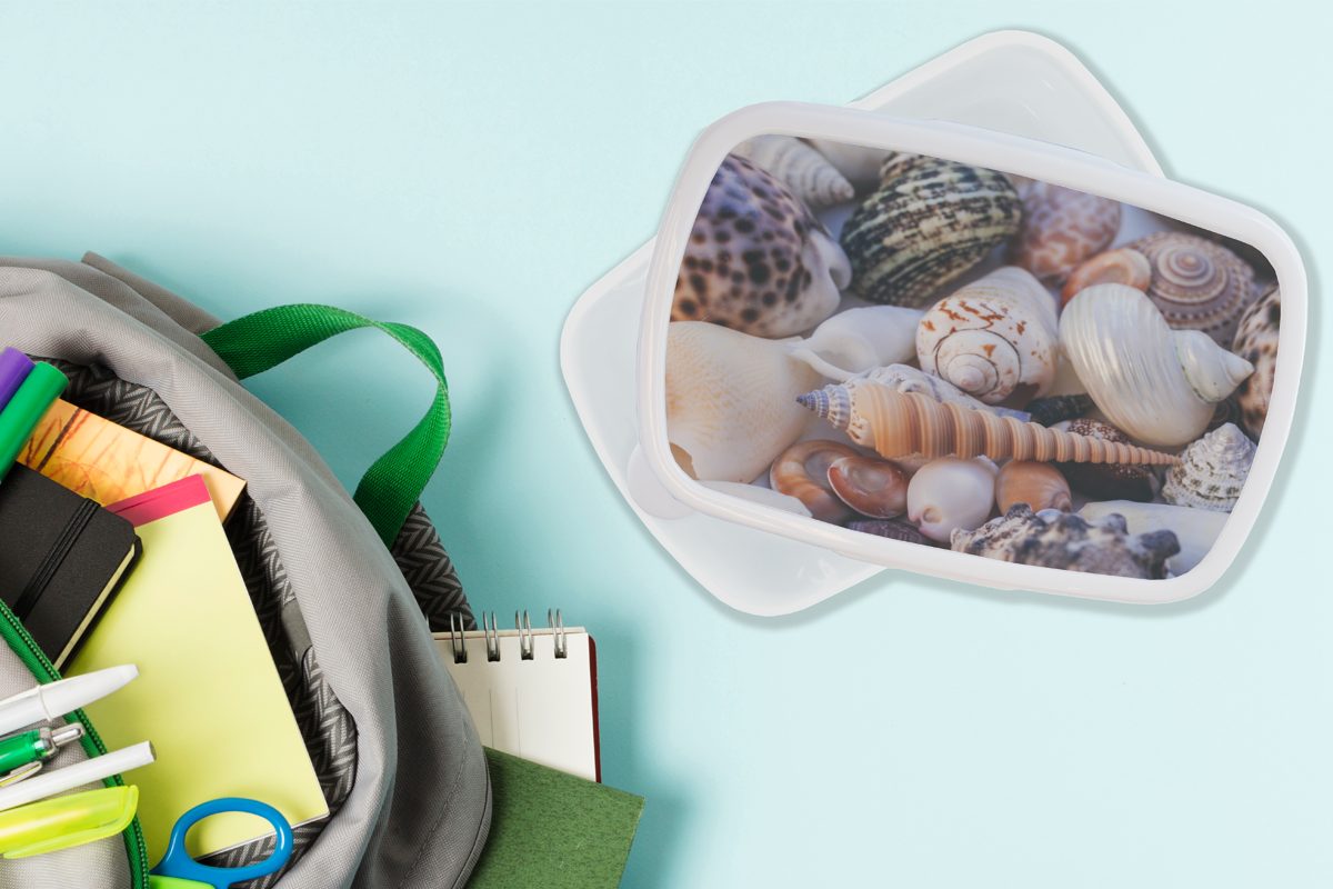 Muscheln weiß Strand Erwachsene, Brotbox Nahaufnahme, für für und (2-tlg), Kunststoff, Mädchen Jungs MuchoWow - und Kinder - Brotdose, Lunchbox