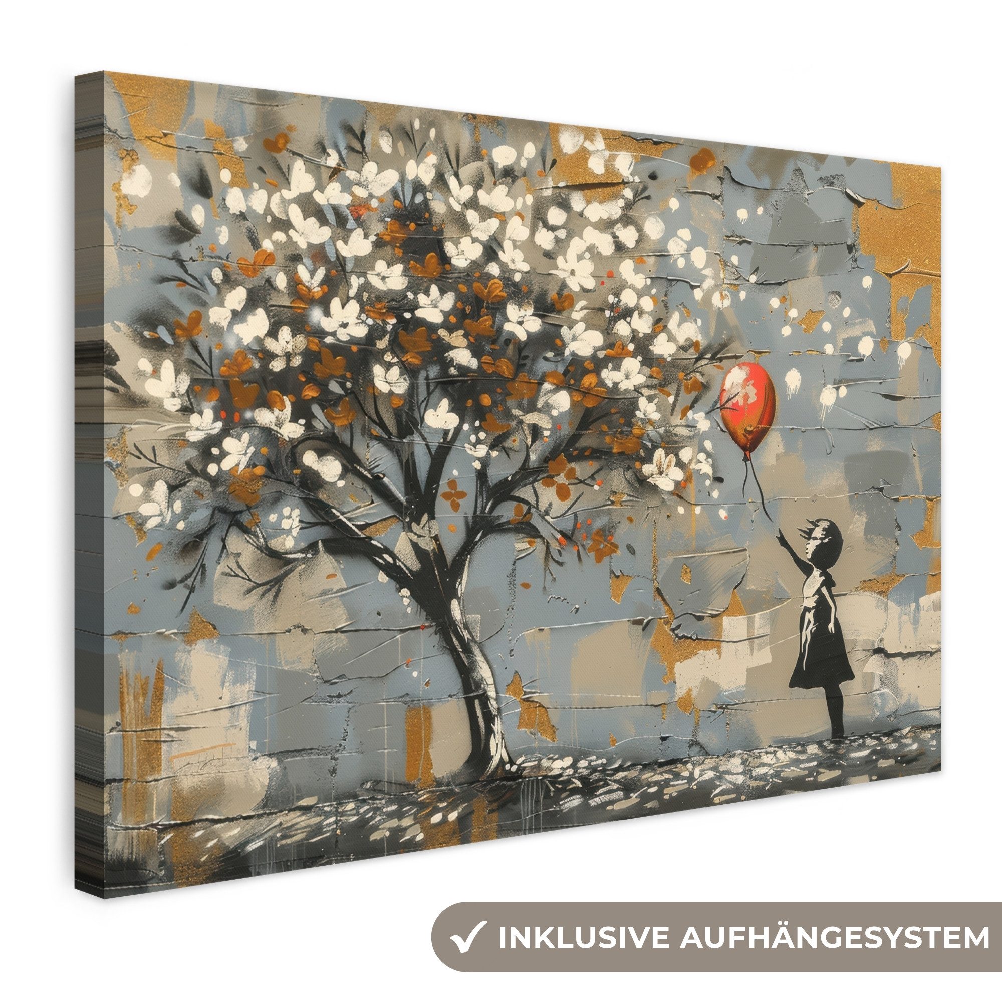 OneMillionCanvasses® Leinwandbild Baum - Graffiti - Banksy-Stil - Balloon Girl, Fotodruck (1 St), Leinwand Bilder Klein, Wand Dekoration Aesthetic 30x20 cm