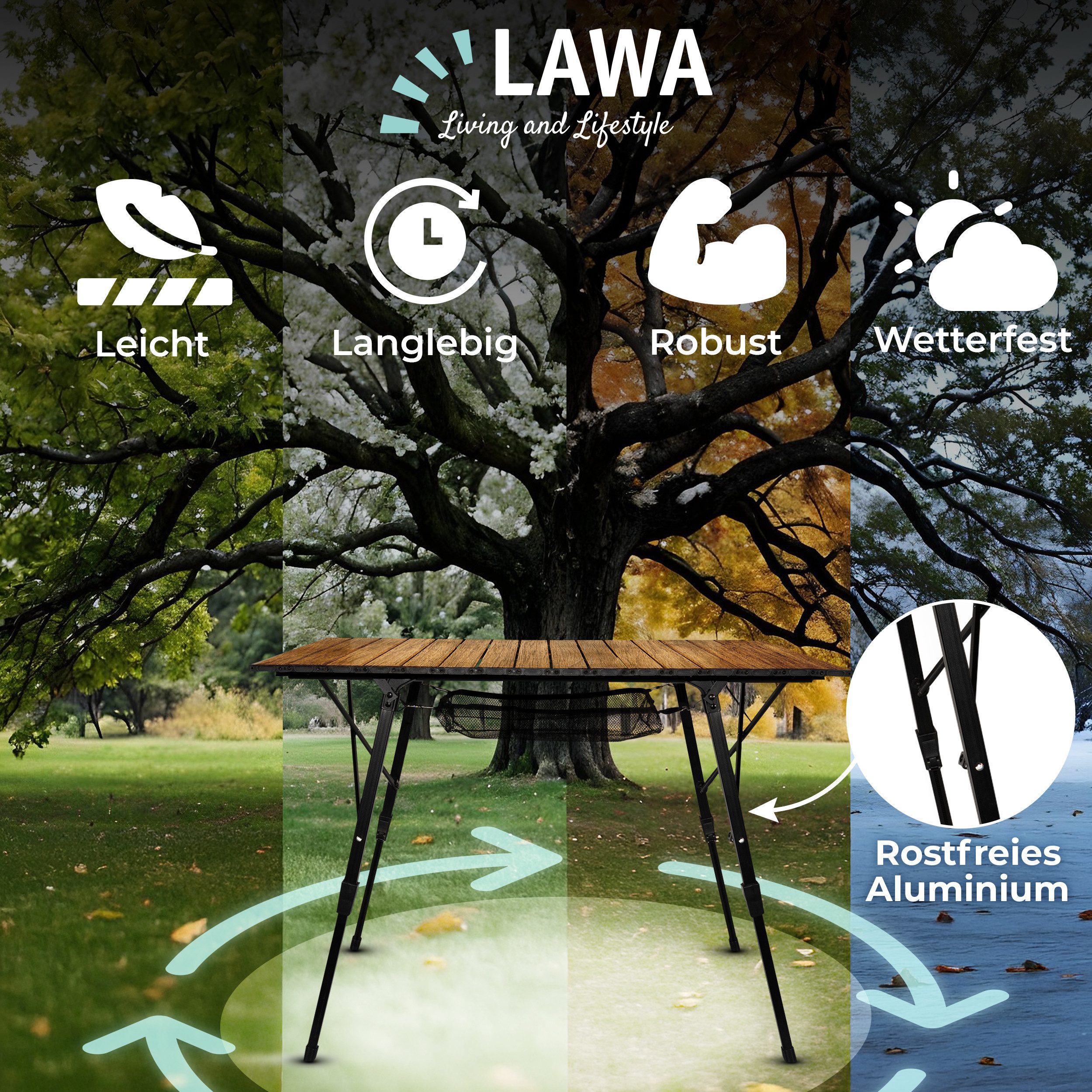 LAWA Living and Lifestyle Campingtisch Falttisch Outdoor höhenverstellbar Aluminium 2 Personen 92 x 60 cm, Holzdekor, faltbar, ultraleicht, klappbar, rostfrei, kompakt, stabil