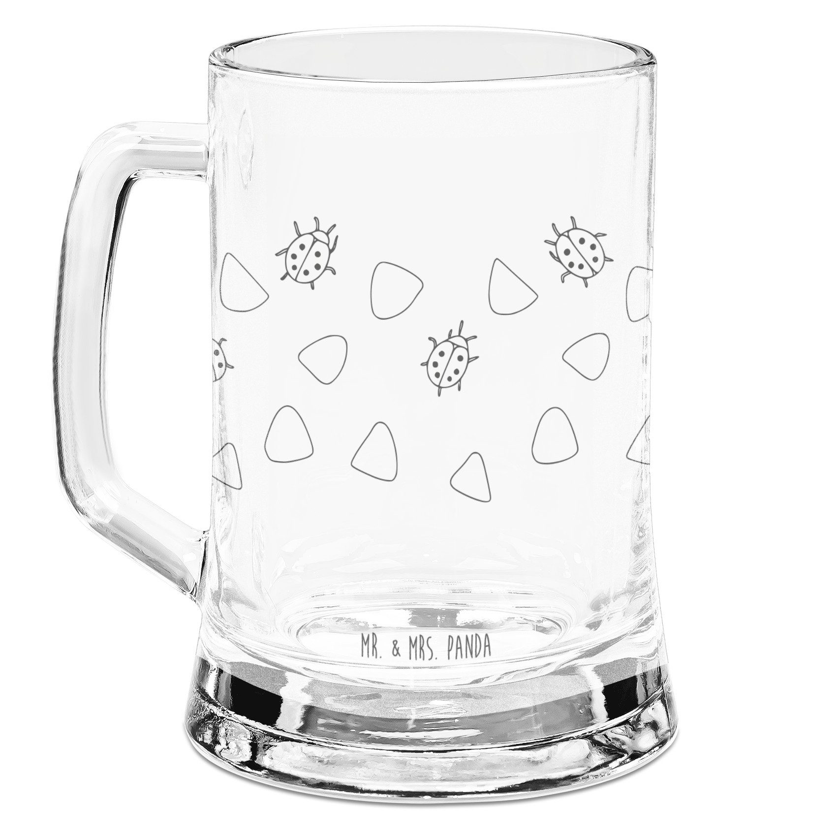 Mr. & Mrs. Panda Bierkrug Marienkäfer Design, Krug, Weiß, Verspielt, Grüne Punkte, Niedlich, Aq, Premium Glas, Panda Bierkrug Gravurhumpen Glasbierkrug