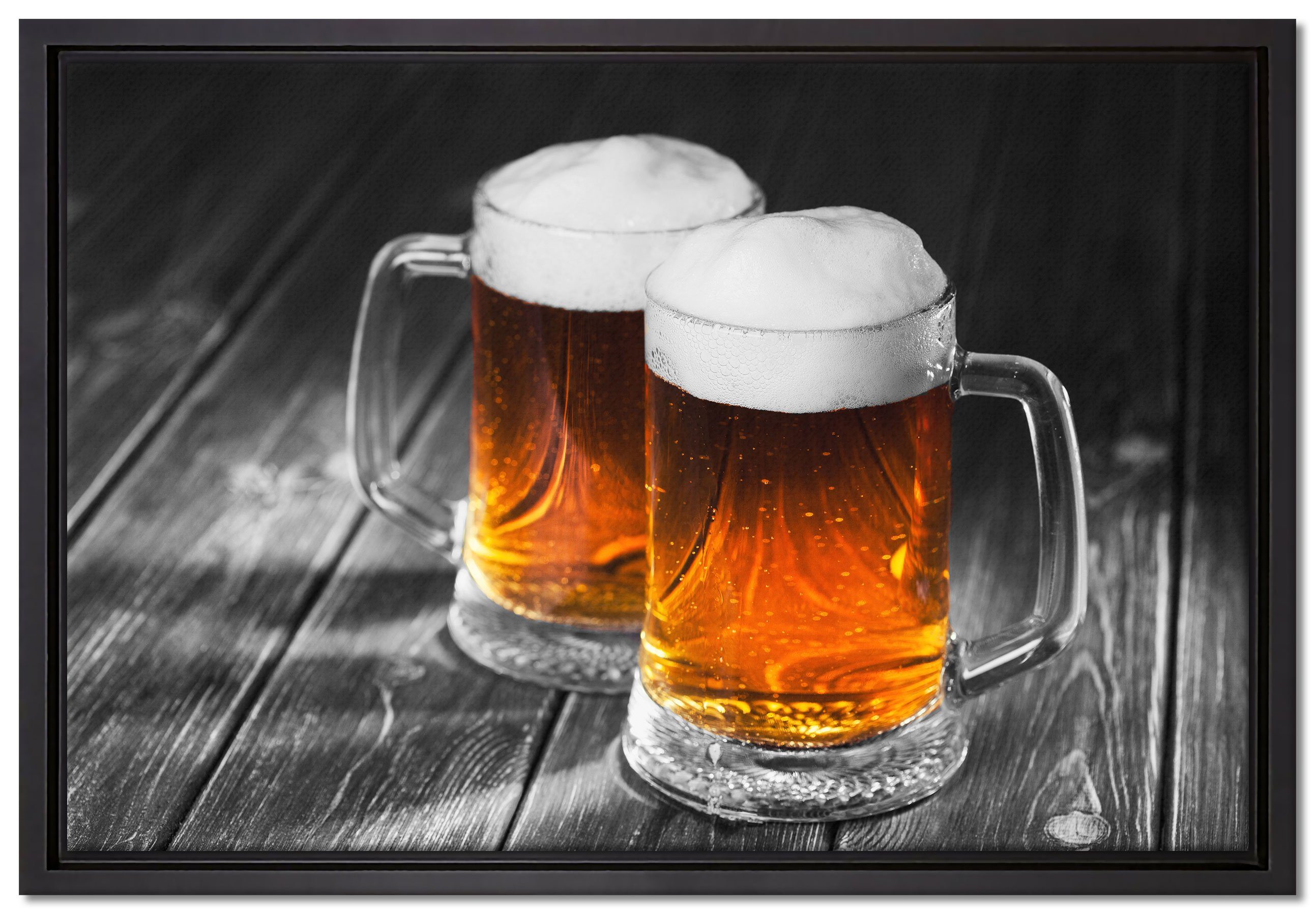 Pixxprint Leinwandbild Zwei Maßkrüge Bier, Wanddekoration (1 St), Leinwandbild fertig bespannt, in einem Schattenfugen-Bilderrahmen gefasst, inkl. Zackenaufhänger