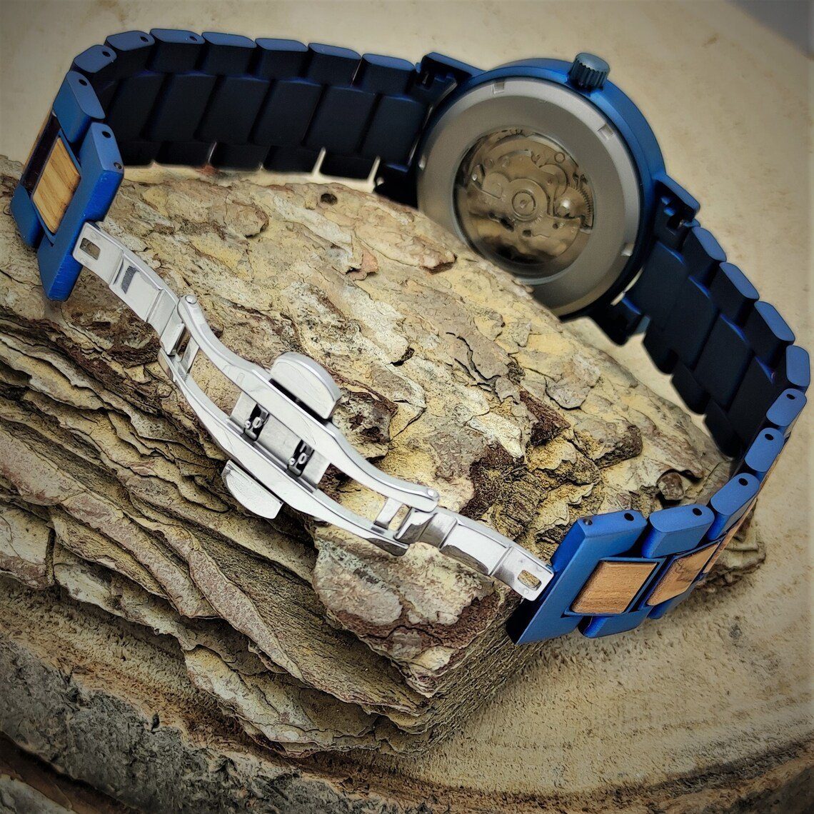 & blau, beige Uhr, Herren Holz Automatikuhr Armband COBURG schwarz, Edelstahl Holzwerk