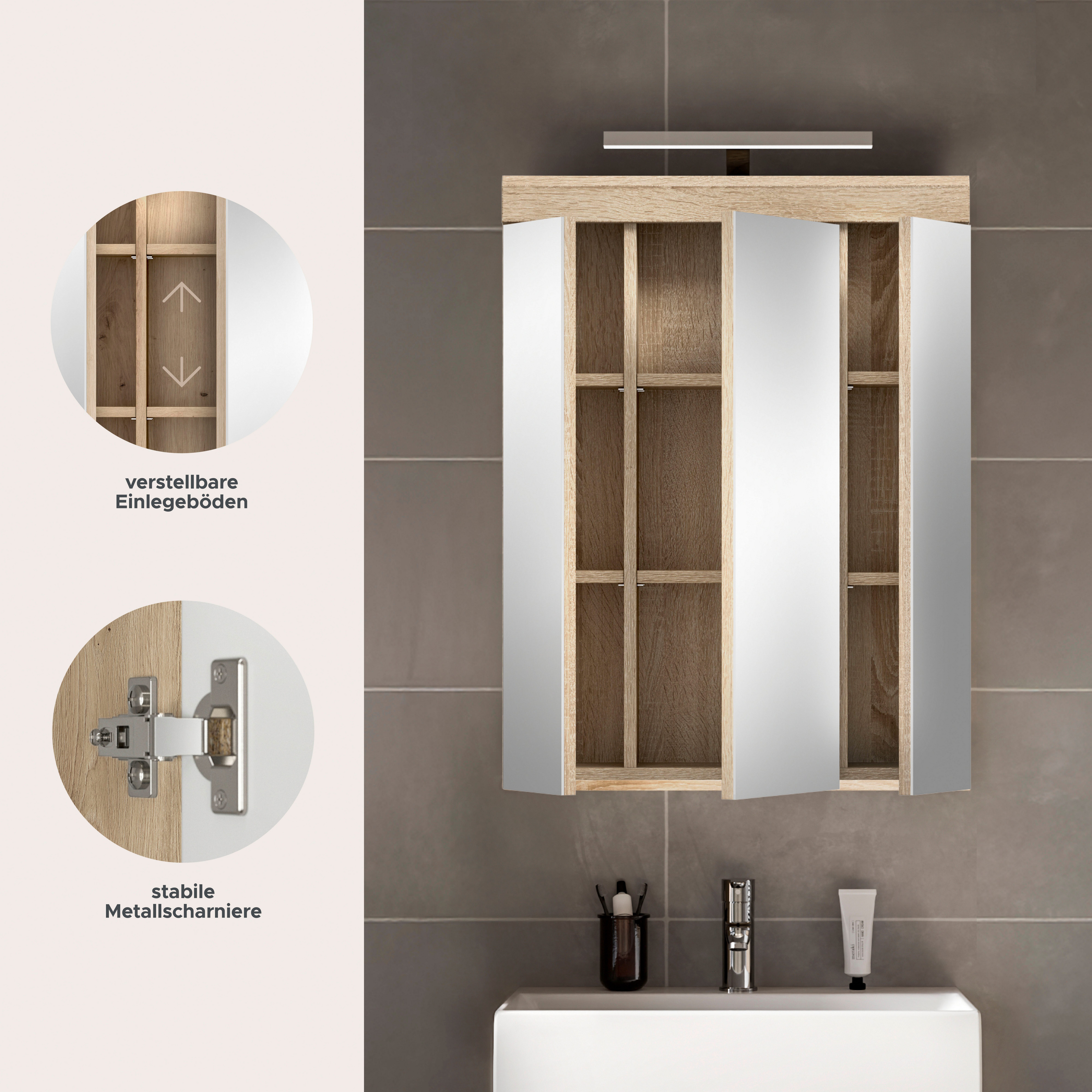 welltime Badezimmerspiegelschrank SIENA, Breite 60cm, inkl. Beleuchtung, 3 Spiegeltüren, 9 Fächer (Set, TOPSELLER) in verschiedenen Farben erhältlich, Badmöbel, Badschrank, Schrank, Bad