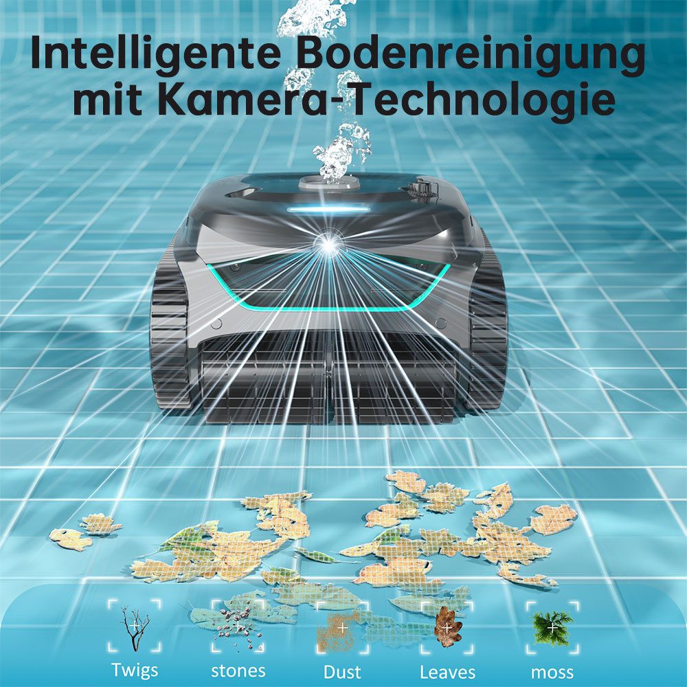 WYBOT Poolroboter C2 Vision kabelloser Poolsauger, Trümmererkennung mit AI-Kamera, (Zweischichtige Filterung, 8-in-1-Reinigungsroboter), bürstenlose Motoren für kraftvolle Saugkraft, für Pools bis zu 180 m²