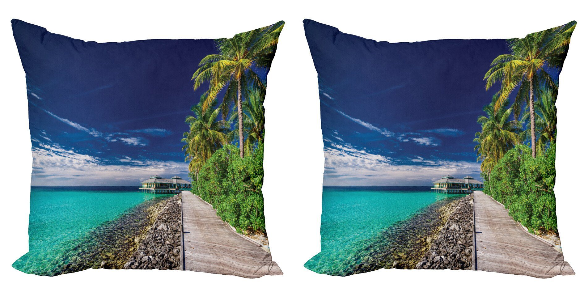 Kissenbezüge Modern Accent Doppelseitiger Digitaldruck, Abakuhaus (2 Stück), Ozean Strand-Palme-Himmel