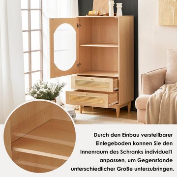 OKWISH Sideboard Kommode Rattan-Design (1 Tür aus klarem Acryl 2 Schubladen aus Rattan), Hochschrank, Esszimmerschrank, Kommode