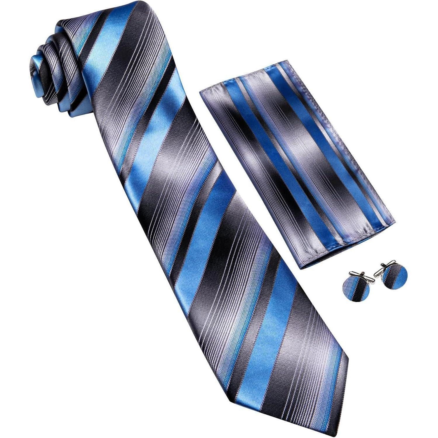 LuxusKollektion Krawatte Krawatten Herren Seide Set Manschettenknopf Blau-Schwarz-Streifen