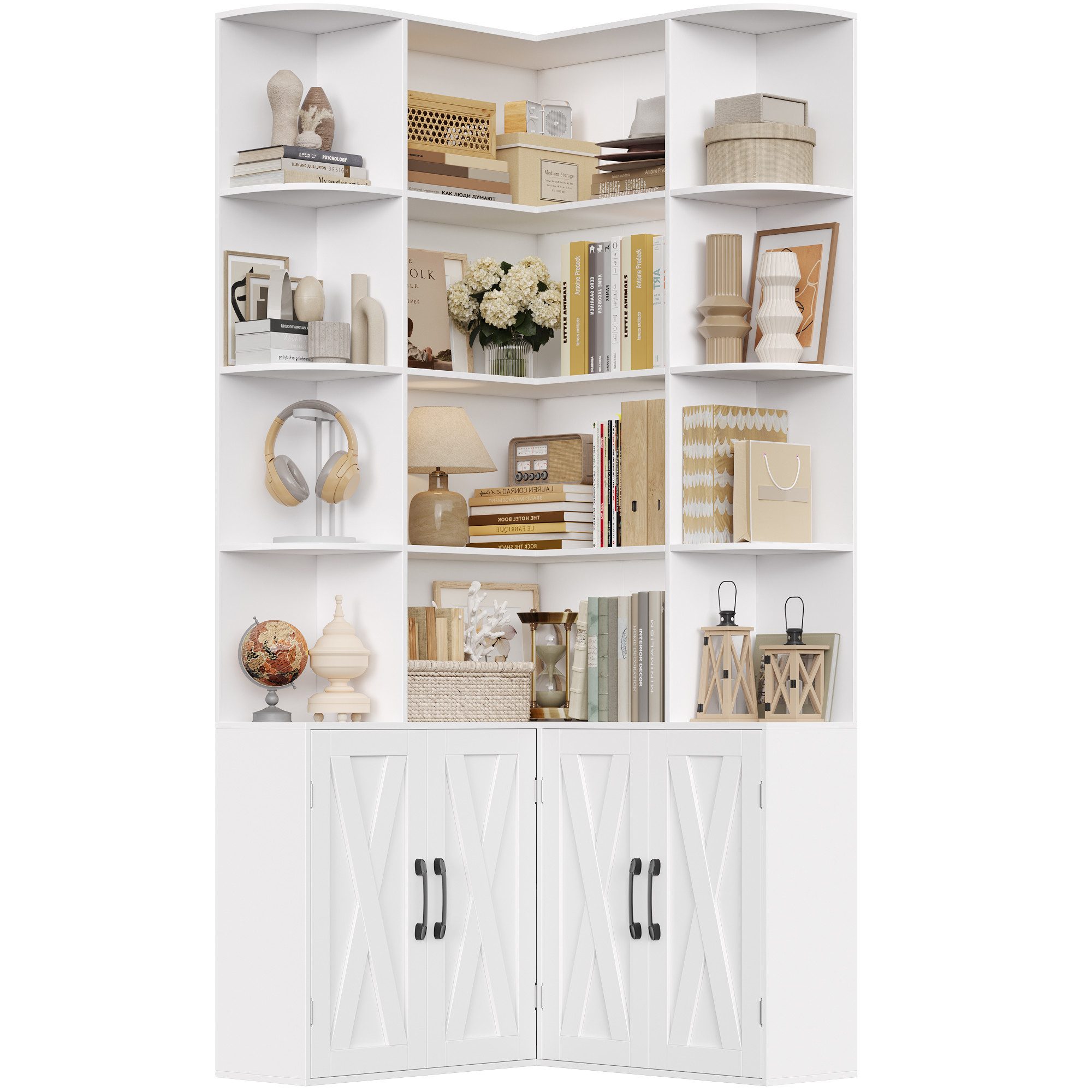 Homfa Bücherregal 187 cm hoher Bücherschrank mit Türen Eckregal, Eckbücherregal Standregal L-förmiger Eckschrank 80 x 80 x 187 cm