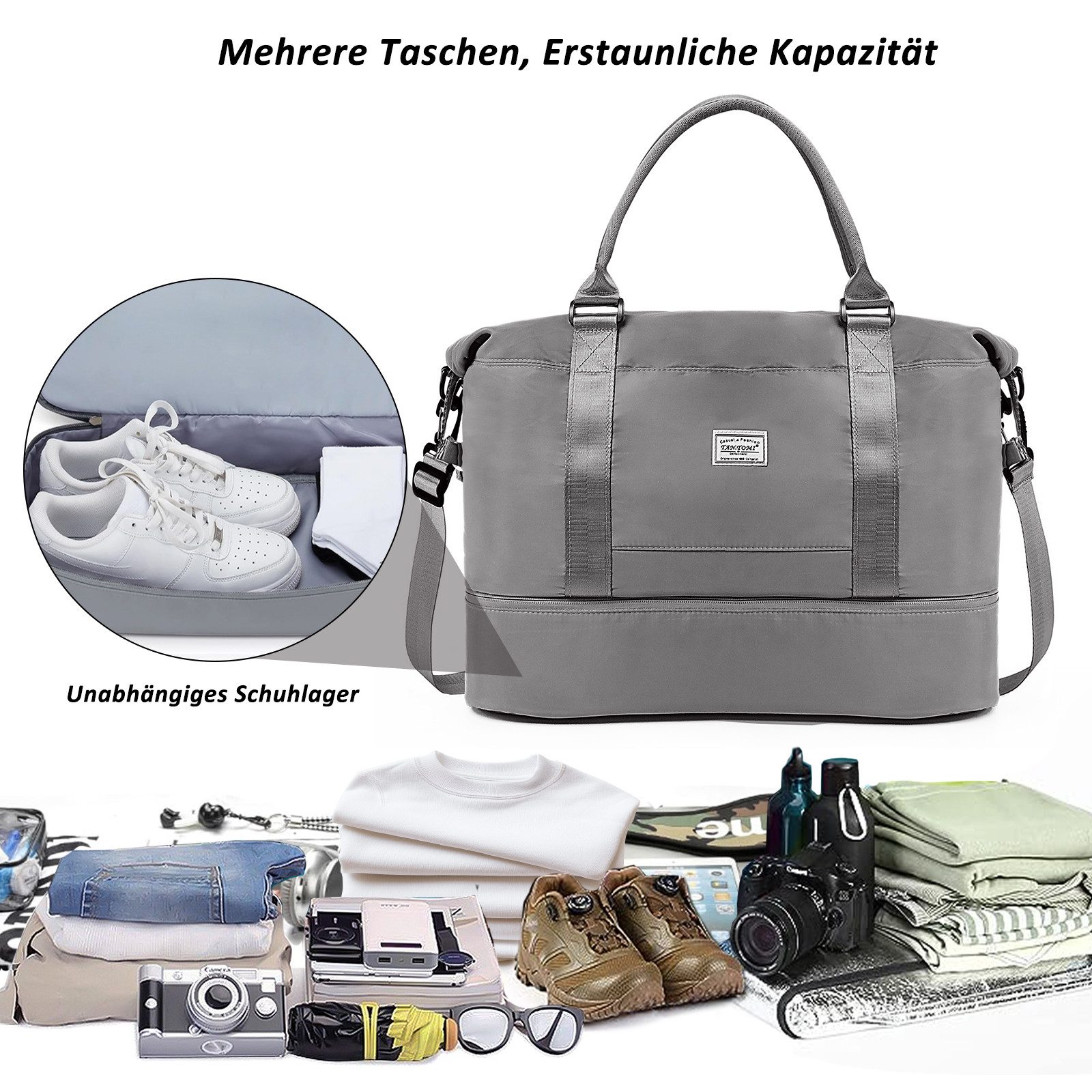 TAN.TOMI Reisetasche Wasserdichter Reise-Seesack - Tragetasche, Sporttasche, Schultertasche (Erweiterbar mit Trolley-Ärmel und Nasstasche), Wochenendtasche für Damen und Herren - Krankenhaus-Tasche