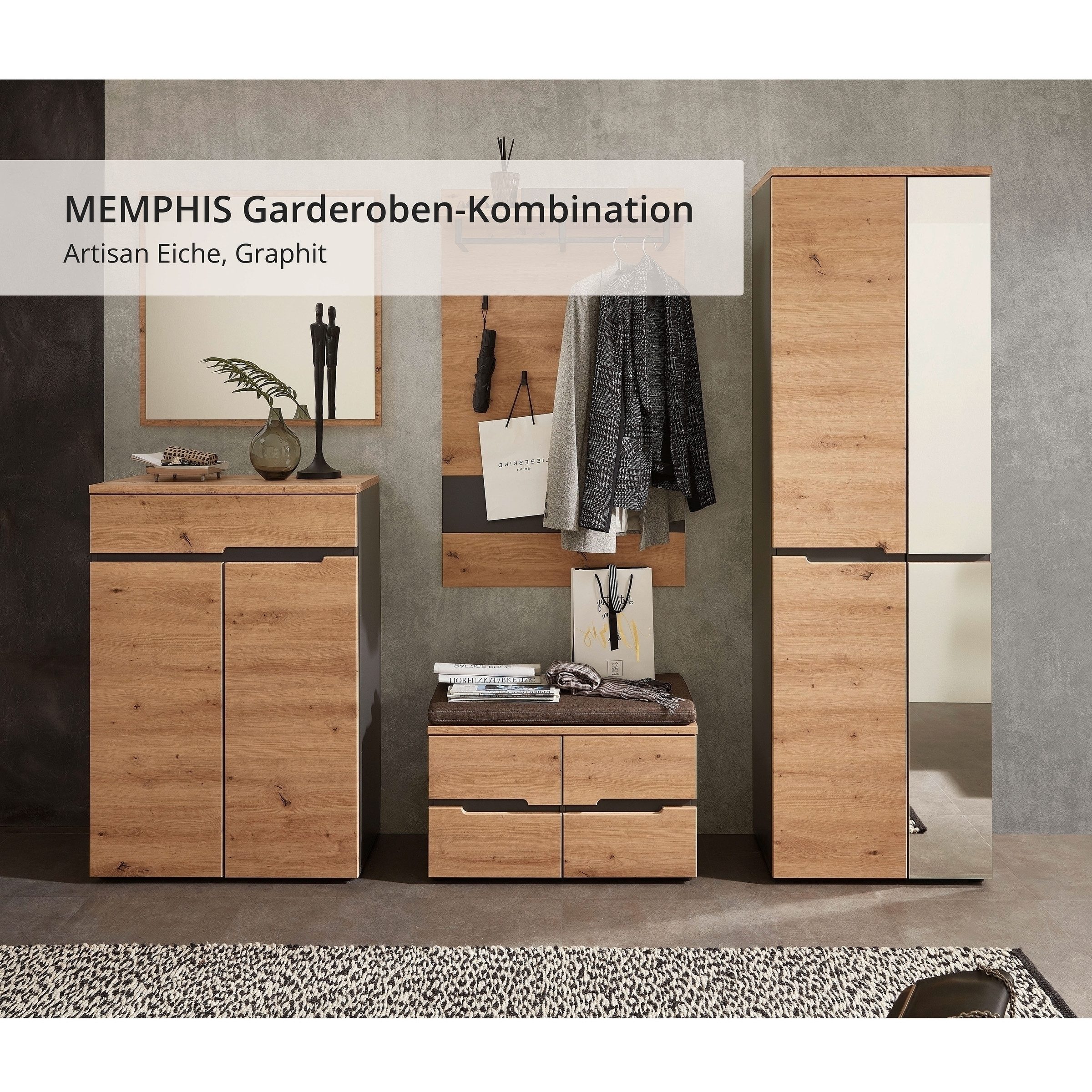 freiraum Garderoben-Set Memphis, (2-teilig) Artisan Eiche Dekor / graphit - 145x192x38 (BxHxT)