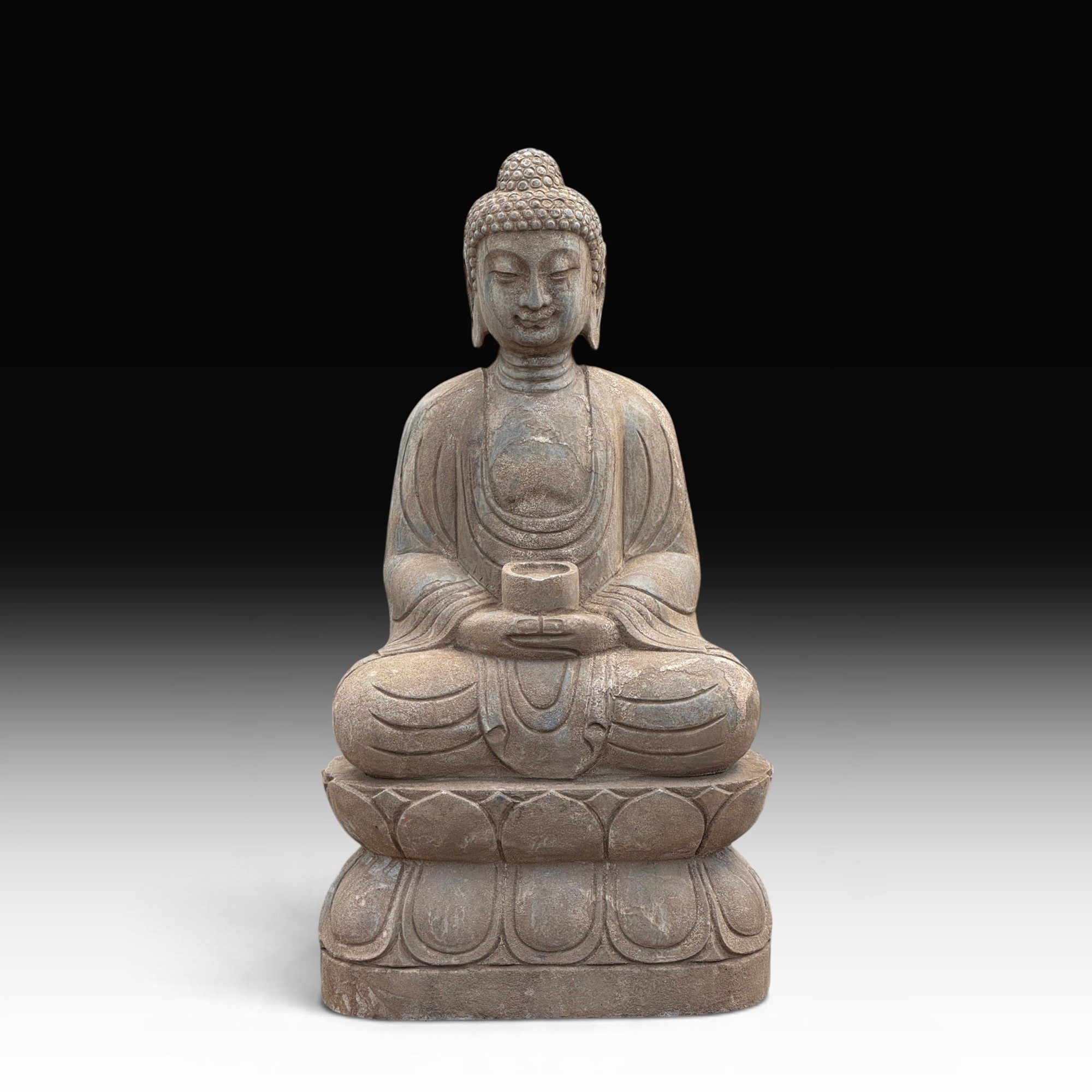 Asien LifeStyle Buddhafigur Amitabha Buddha Gartenfigur Naturstein Bluestone 79 cm frostfest