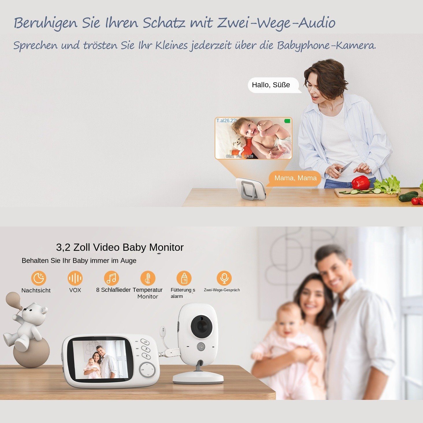 BUMHUM Video-Babyphone Video-Babyphone Babyphone 3.2-Zoll-LCD-Bildschirm, Schlaflieder, Gegensprechfunktion Zwei-Wege-Audio, Temperaturanzeige, Großer Kamera, Extra Infrarot-Nachtsicht, mit