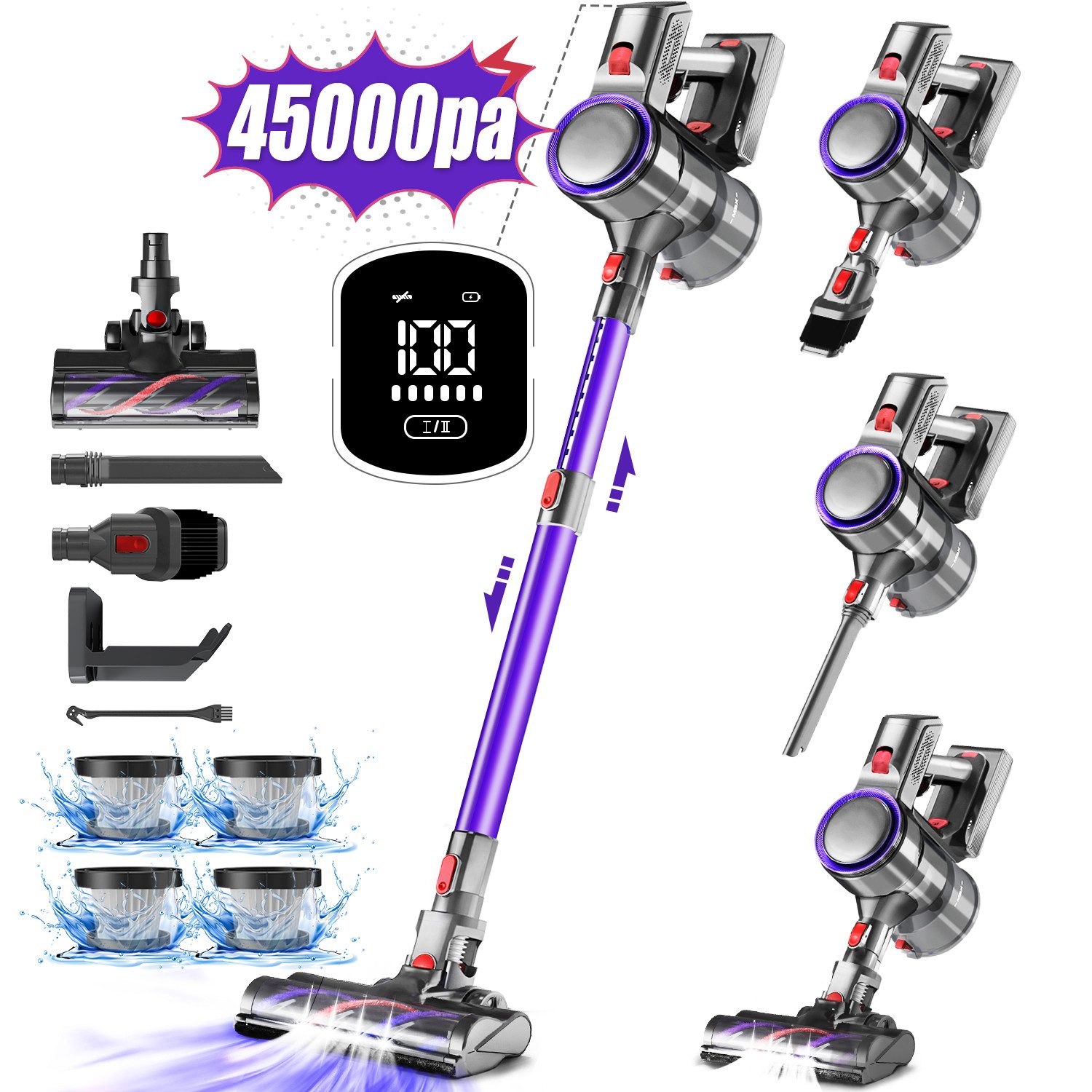 Hiazurm Akku-Hand-und Stielstaubsauger Akku Staubsauger,45KPa/1.8L/55min 8 in 1 Kabelloser Staubsauger,HEPA*4, 500 W, Akkusauger,Handstaubsauger Akku, Beutellos, Staubsauger Kabellos, Handsauger, Mit Touchscreen, Für Böden,Teppich, Tierhaare