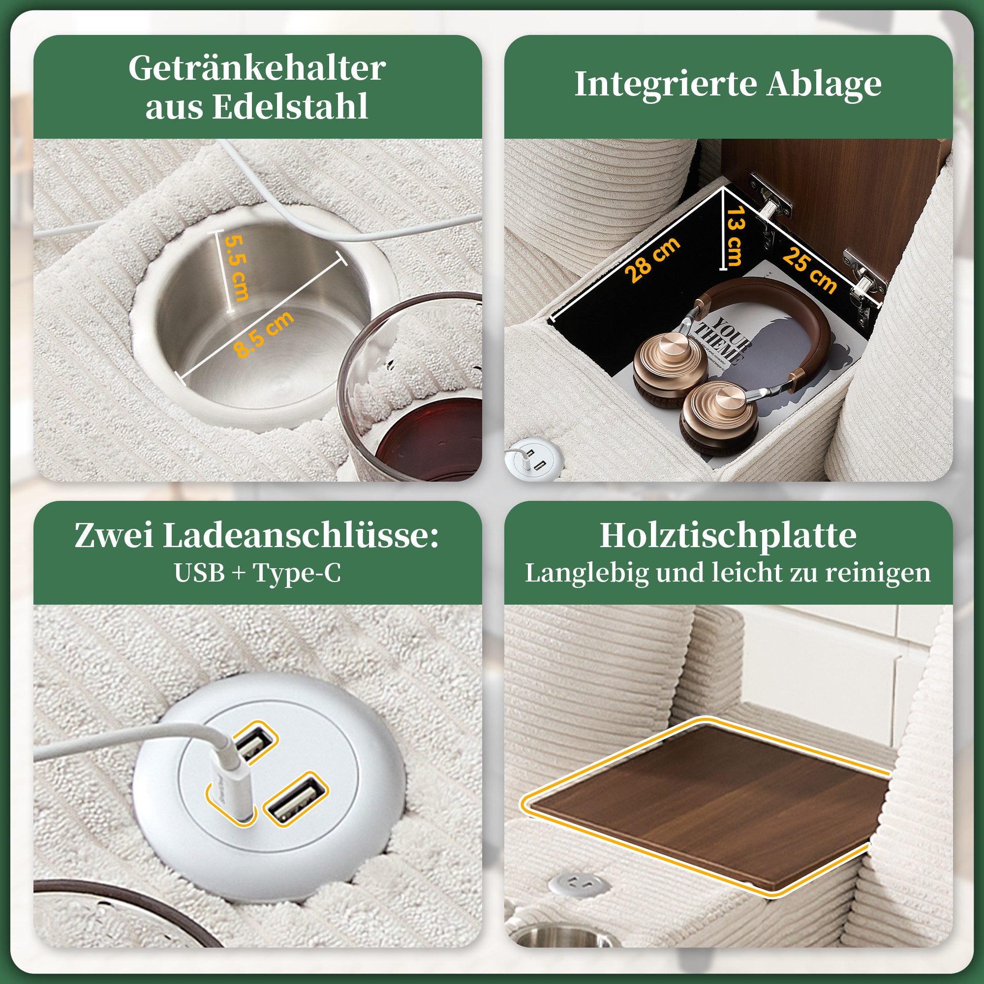 Merax Sofa L-Form Ecksofa mit Stauraumhocker & USB-Anschlüssen, Modernes Sofa für Wohnzimmer und kleine Räume 1 Teile, Sofa mit 2 Getränkehaltern, Seitentaschen & Kissen, Cordstoff