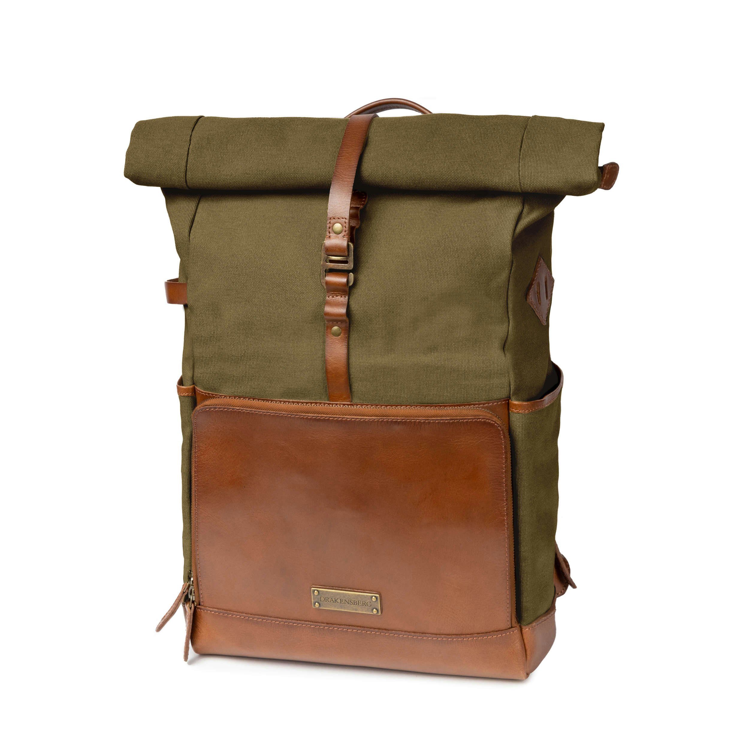 DRAKENSBERG Rucksack Roll-Top »Arthur« Oliv-Grün, Gadget- und Laptoprucksack mit Organizer Fach für Ladekabel & Zubehör