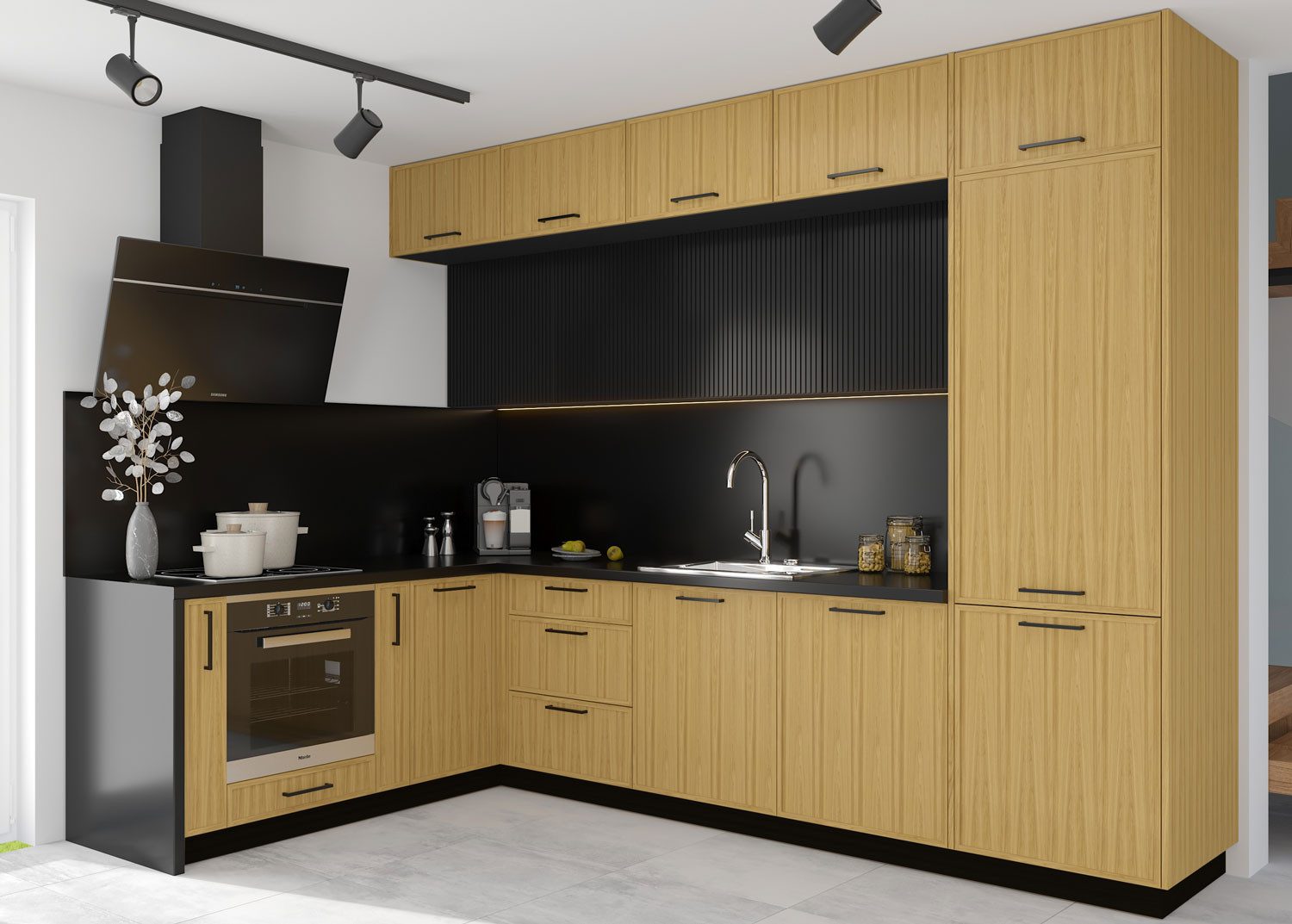 Feldmann-Wohnen Winkelküche Narvik, (Hängeschränke mit Lamellenfronten), 306x199cm schwarz Naturholz, HETTICH Vollauszug, mit Arbeitsplatte