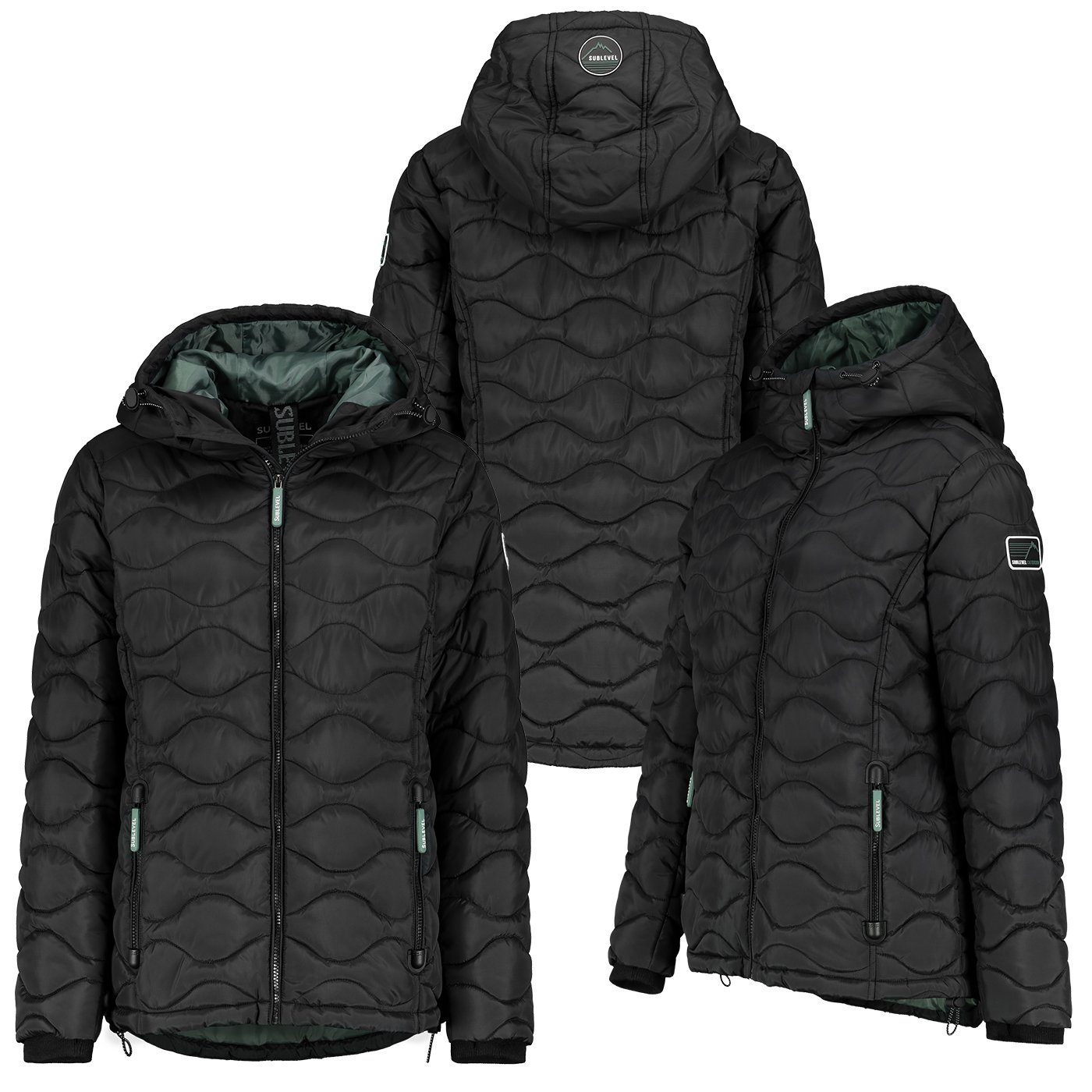 SUBLEVEL Steppjacke Damen Stepp Jacke Parka Winterjacke Warm Gesteppt Outdoor Daumenlöcher Schwarz