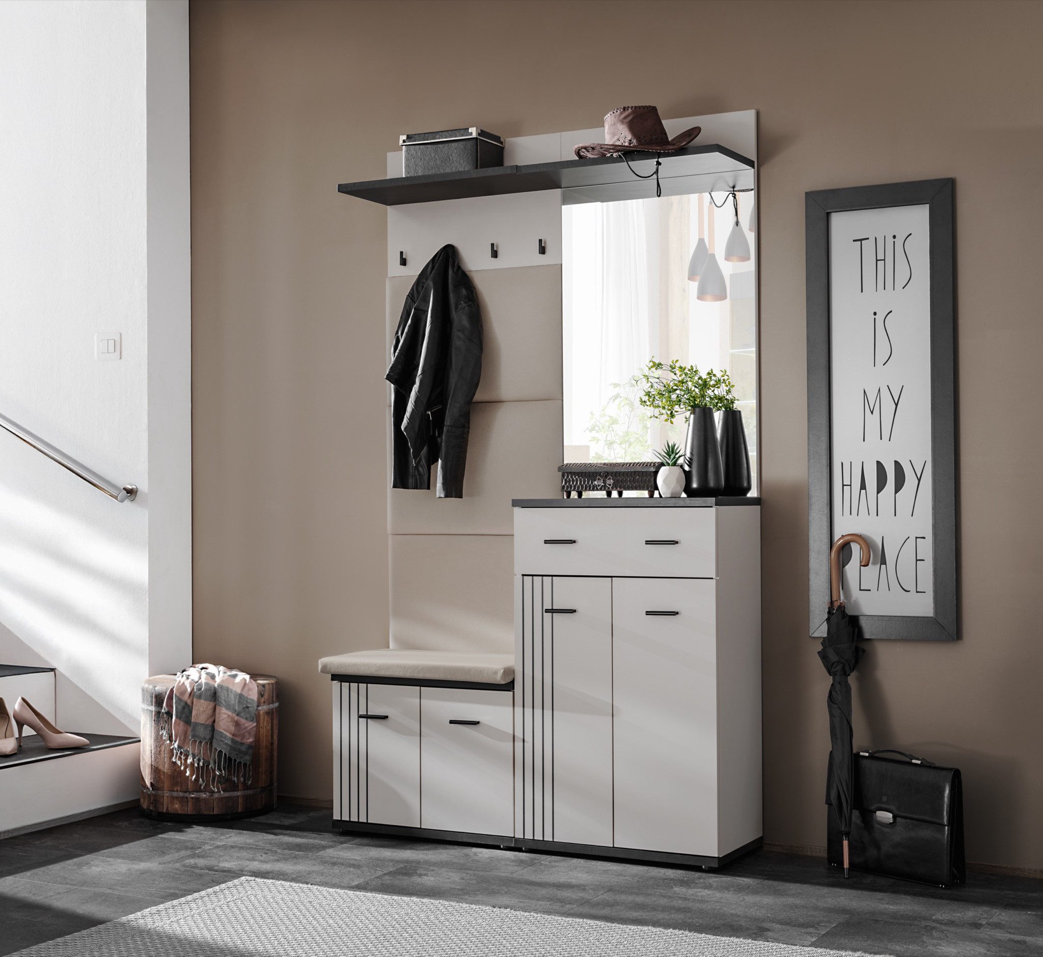 Garderoben-Set Flurgarderobe Schuhschrank HUGO VI mit Sitzbank und Spiegel