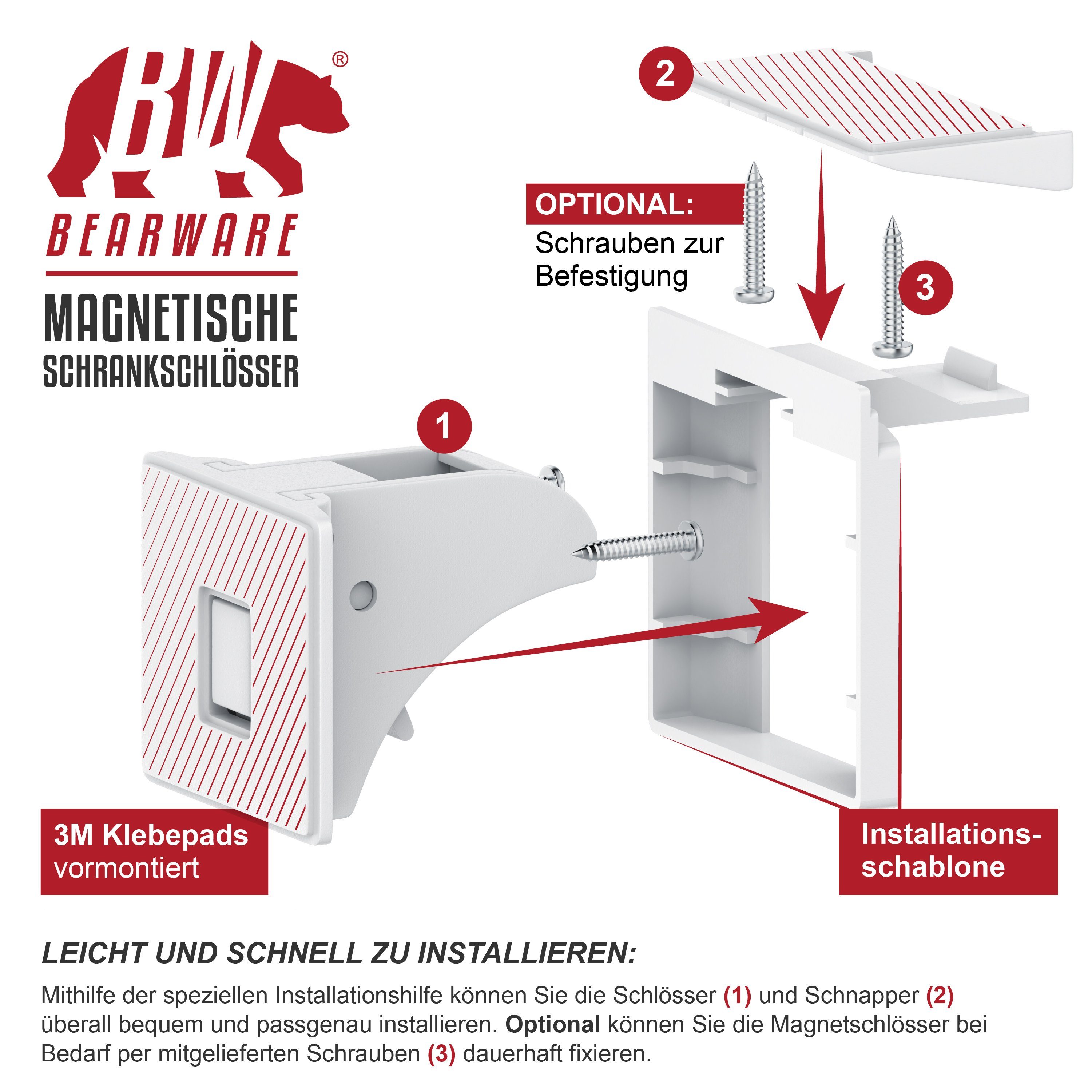 BEARWARE Kindersicherung Babysicherung Schrankschloss, Schranksicherung magnetisch 10 Schlösser, Magnet Schloss für Schrank und Schubladen, Bohren ohne Werkzeug – Bild 5 von 5
