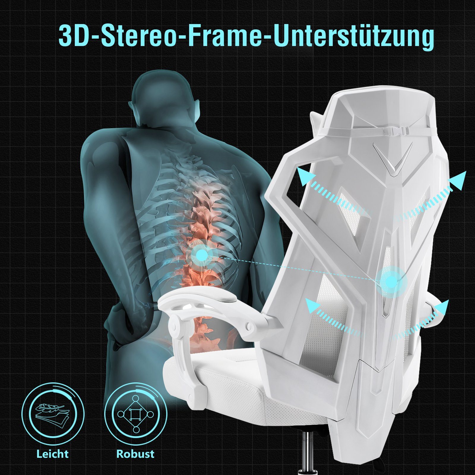 GTPLAYER Bürostuhl Ergonomischer Schreibtischstuhl Gamingstuhl Drehstuhl, und Verstellbarer mit Kopfstütze Lordosenstütze Verbindungsarmlehnen, weiß