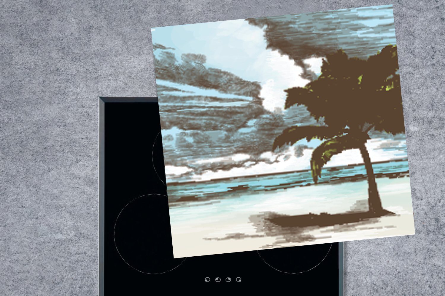 Herdblende-/Abdeckplatte Palme Arbeitsplatte cm, für Strand - küche 78x78 - Vinyl, tlg), Ceranfeldabdeckung, Meer, (1 MuchoWow