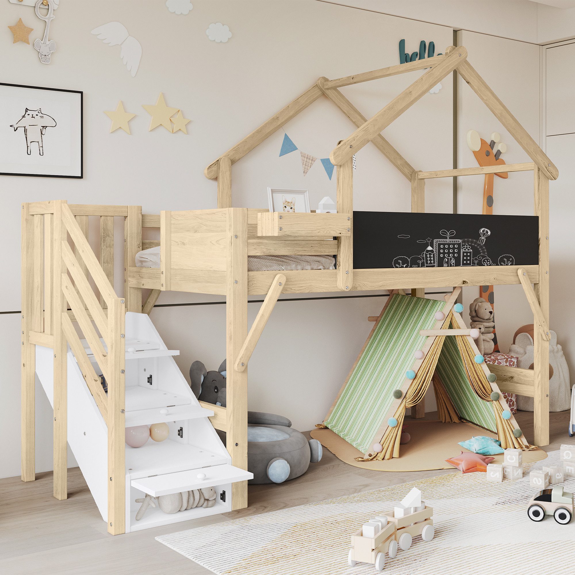 Flieks Etagenbett, Hochbett Kinderbett Hausbett 90x200cm günstig online kaufen