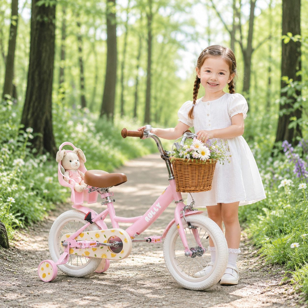 RULLY Kinderfahrrad Kinderfahrrad für Mädchen 2–7 Jahre, 12/14/16 Zoll, 1 Gang, Mit Korb, Puppensitz, Stützrädern, Schutzblech & Klingel