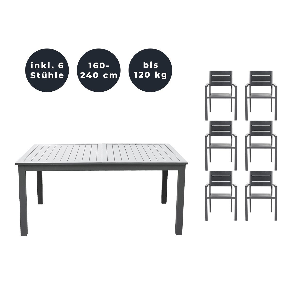 HOME DELUXE Sitzgruppe CASA MADERA, (inkl. 6 stapelbaren Gartenstühlen, Ausziehtisch, Terrassentisch, Balkontisch), schnell ausziehbar 160 - 240 cm, aus robustem Aluminium, Gartenmöbel