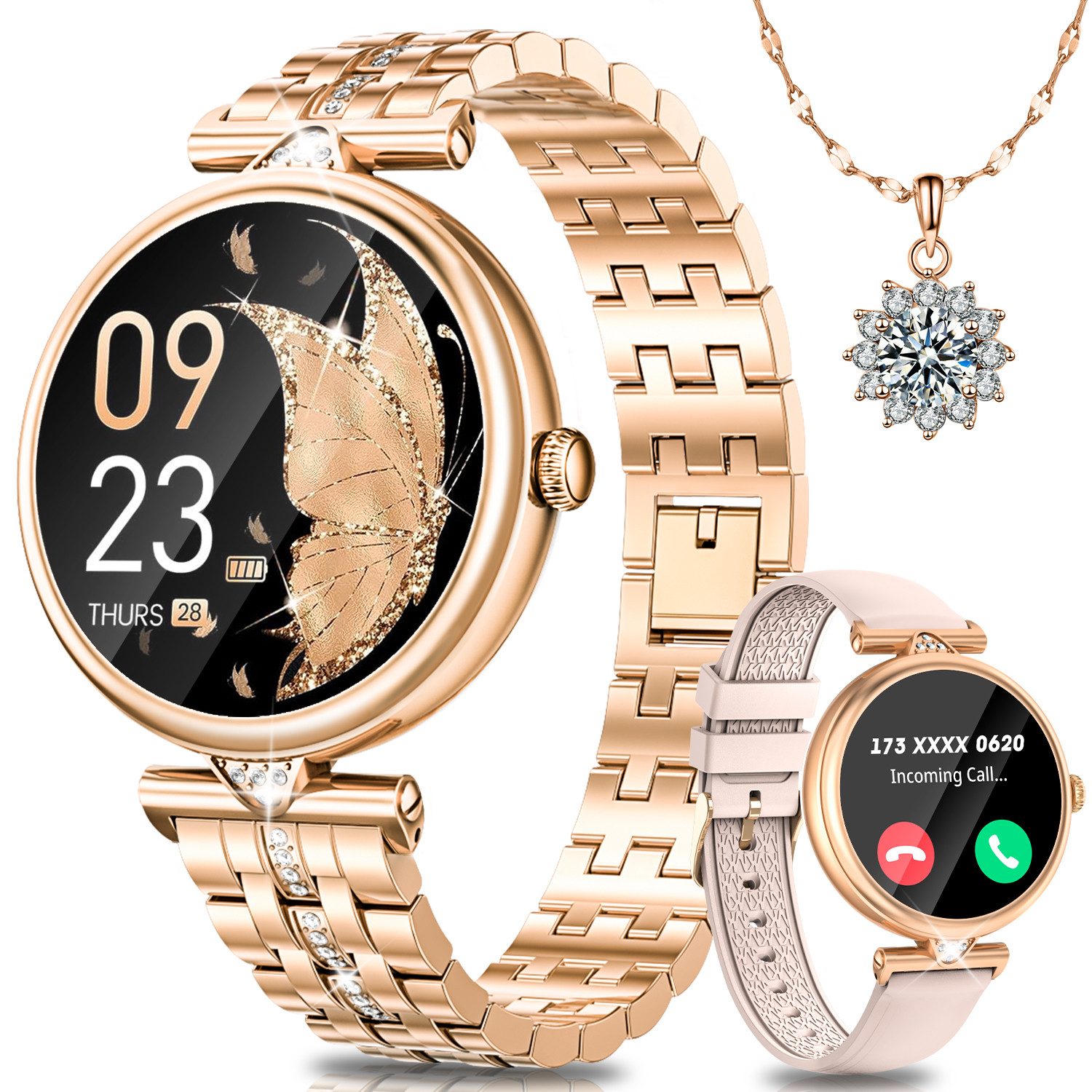 2025 Smartwatch für Damen mit Bluetooth-Anruf und Diamant-Halskette Smartwatch
