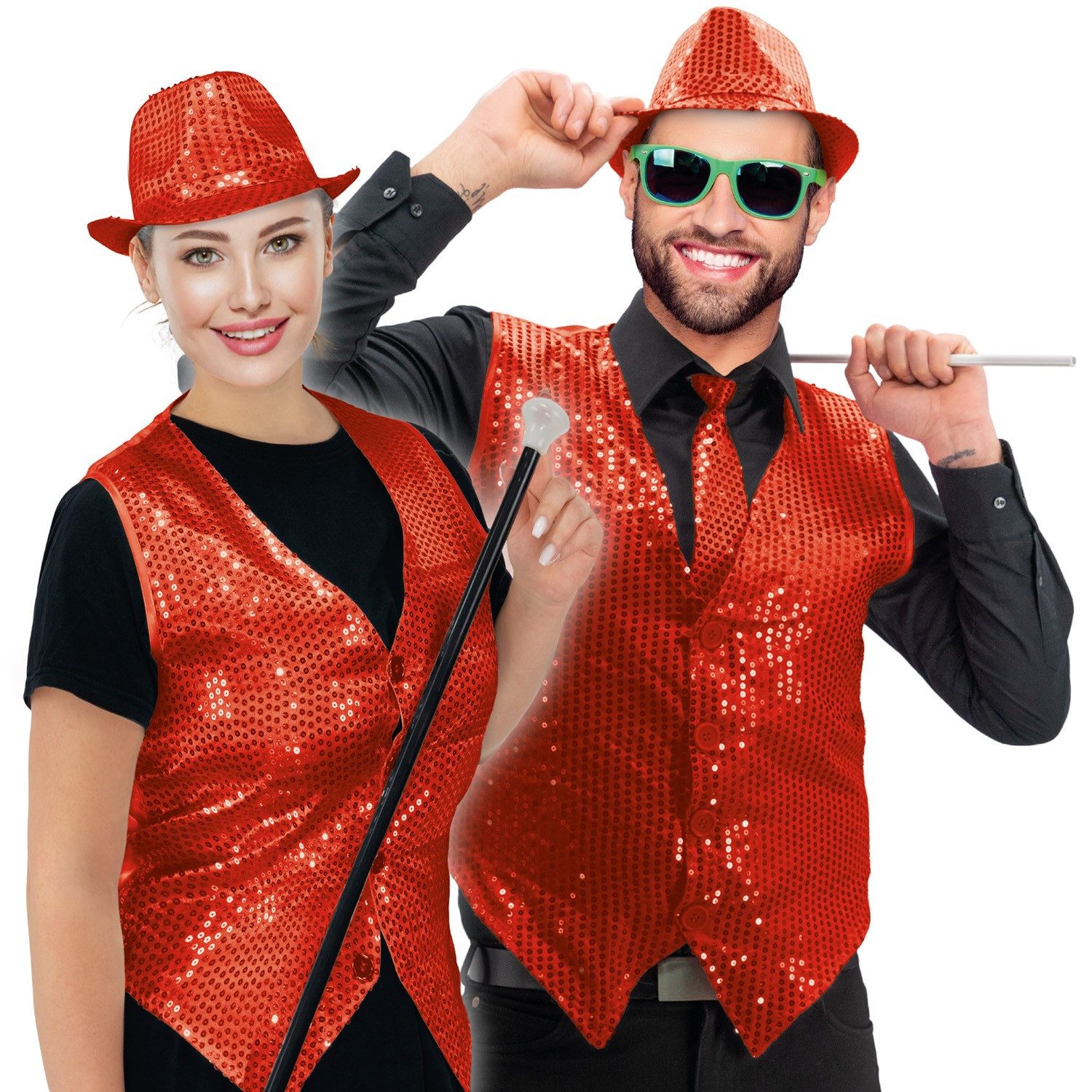 Party Factory Kostüm Pailletten Weste unisex - Rot M, mit leuchtenden, reflektierenden Pailletten versehen