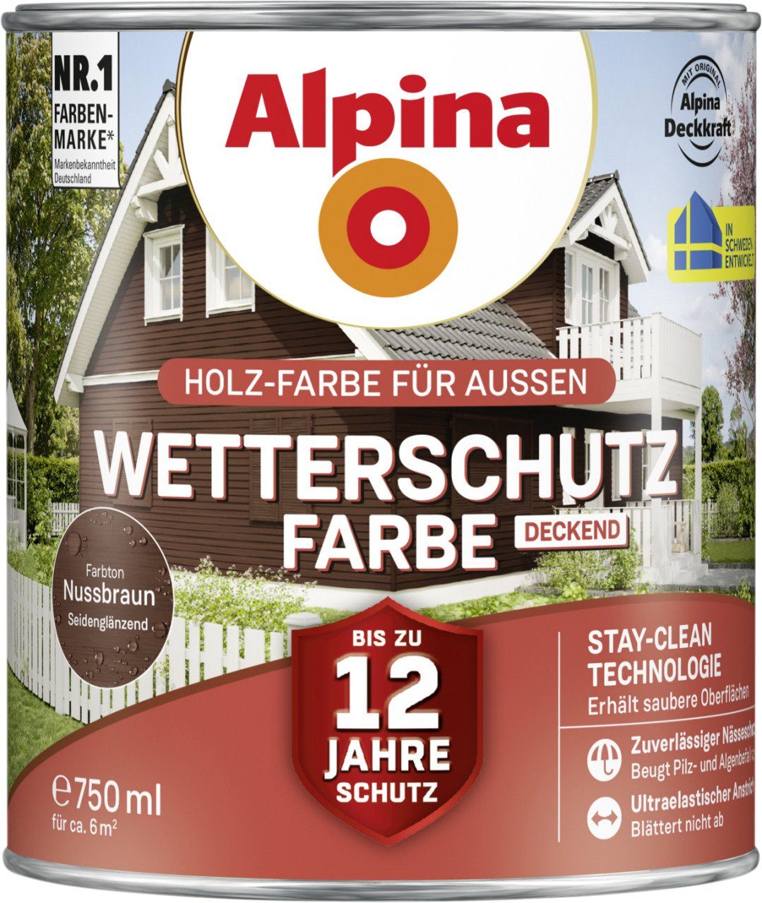 Holzschutzlasur Alpina Wetterschutzfarbe deckend 0,75 L nussbraun