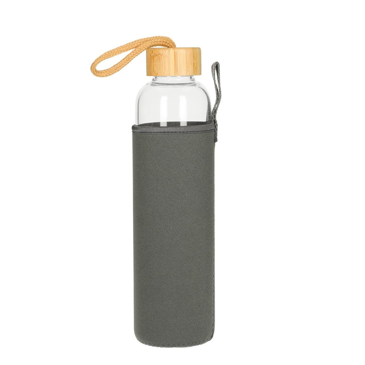 elasto Trinkflasche 750 ml Wasserflasche Bamboo Glasflsache inkl. Neoprentasche, Sportflasche, Für Unterwegs, Bottle, Schule und Arbeit, Kautschukhülle
