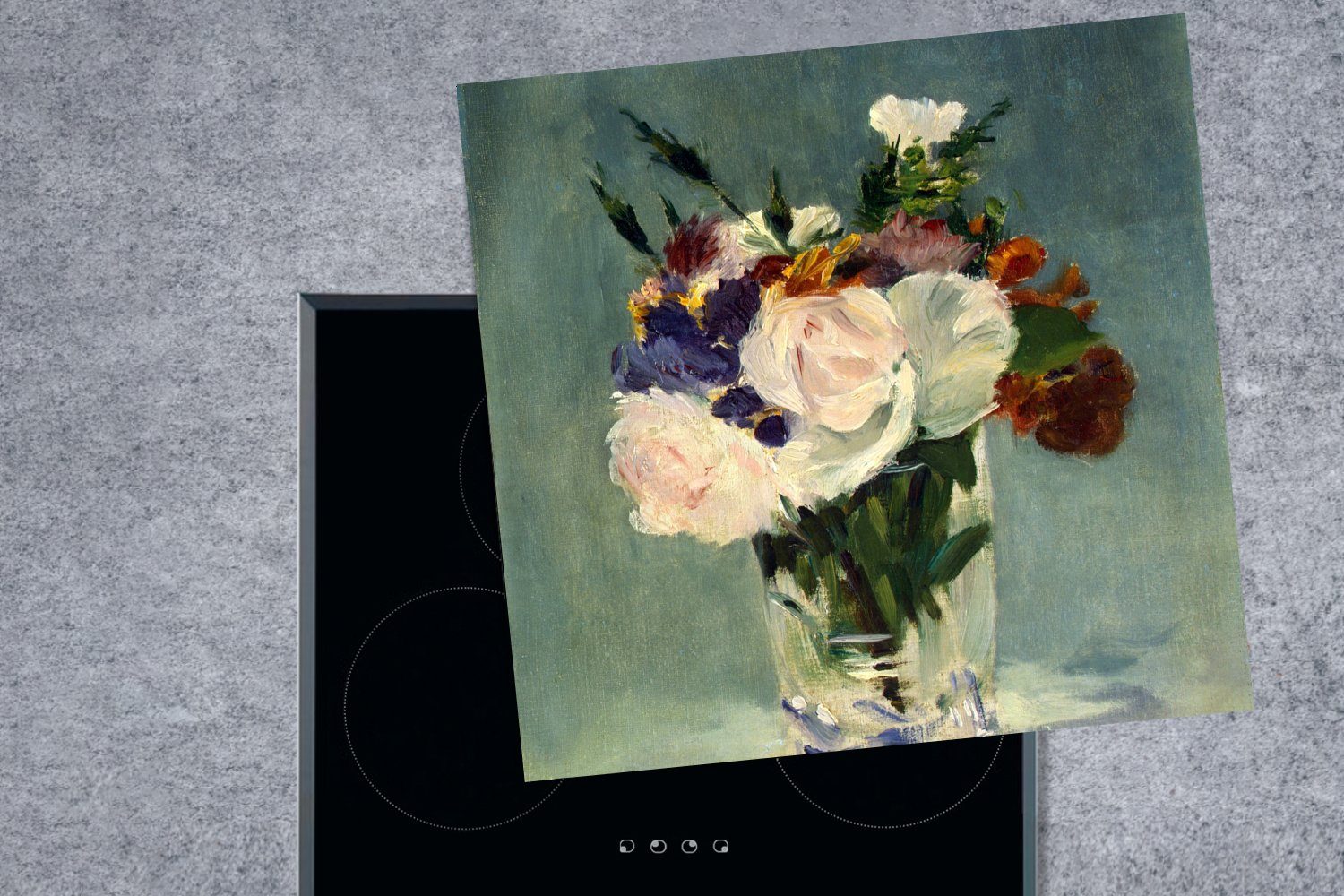 Blumen - Vinyl, einer cm, MuchoWow 78x78 für Manet, Edouard Kristallvase tlg), küche in (1 Ceranfeldabdeckung, Arbeitsplatte Herdblende-/Abdeckplatte