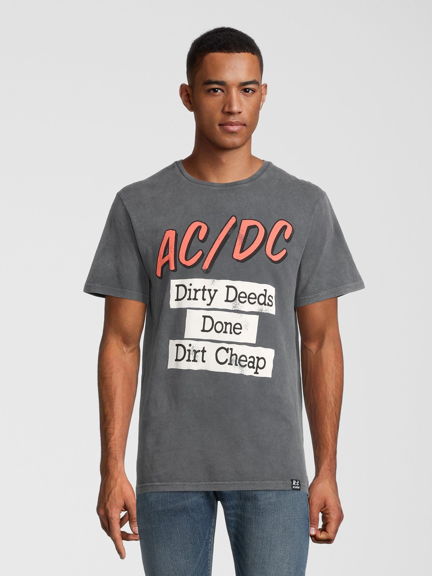 Recovered T-Shirt ACDC Dirty Deeds Done Cheap Washed Grey GOTS zertifizierte Bio-Baumwolle
