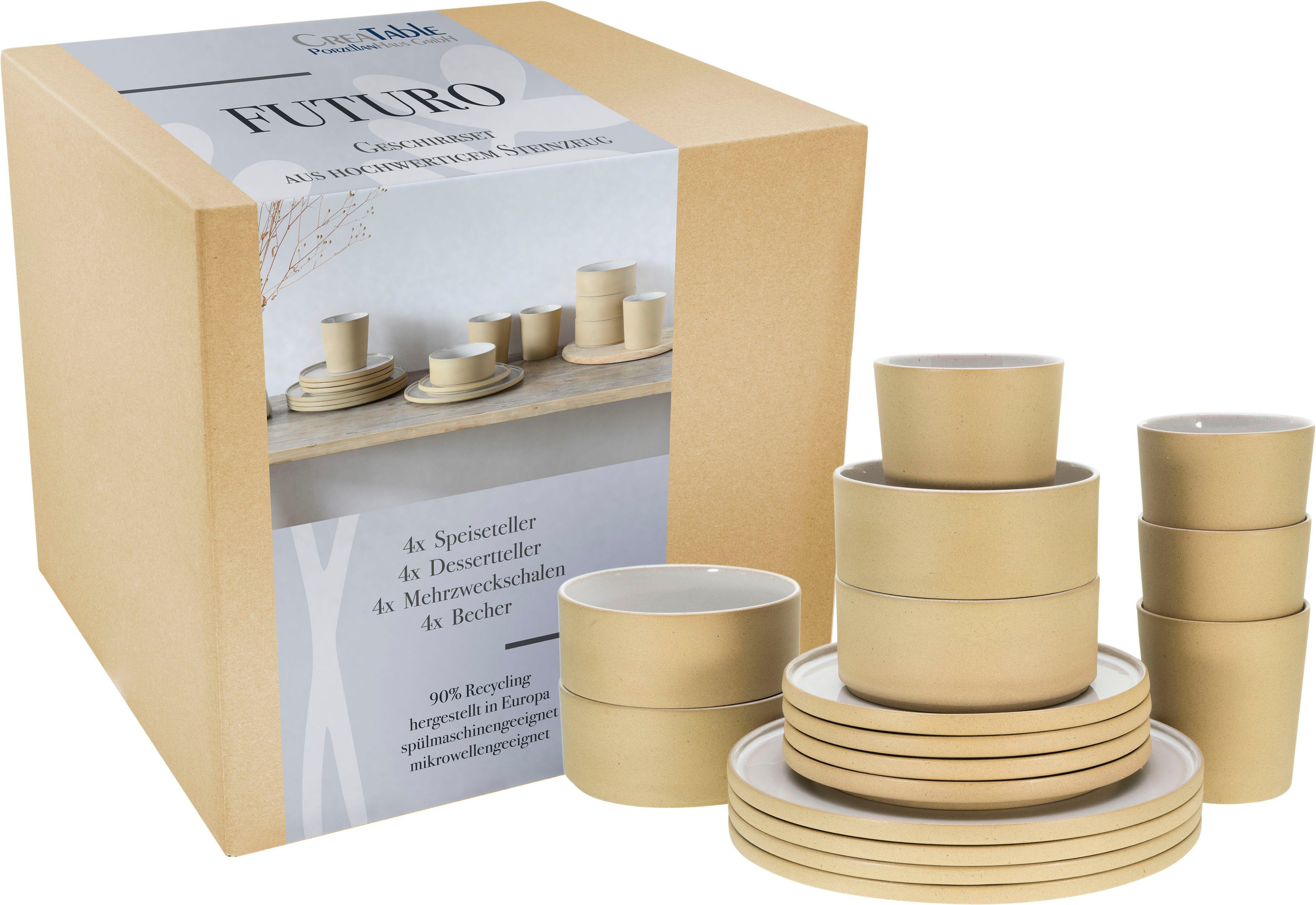 CreaTable Kombiservice Futuro (16-tlg), 4 Personen, Steinzeug, Service, je 4 Speiseteller, Dessertteller, Чаши, Kaffeebecher