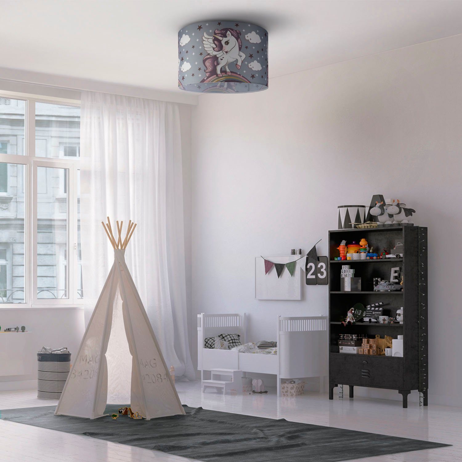 Paco Home Deckenleuchte Hugo Cosmo 213, ohne Leuchtmittel, Kinderlampe LED Kinderzimmer Lampe Mit Einhorn, E27