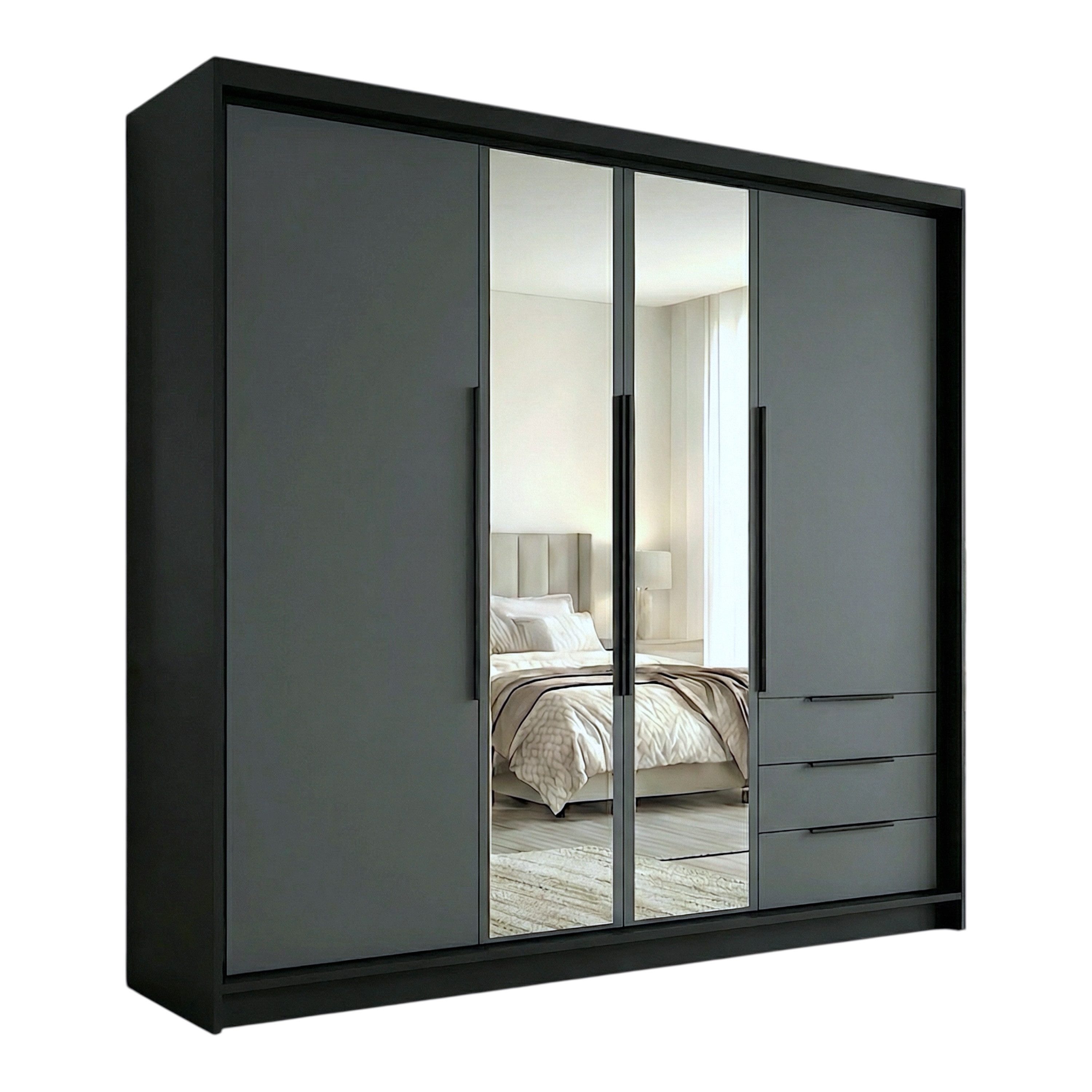 A&J MöbelLand GmbH Drehtürenschrank VIVO mit integrierten Schubladen (Geräumiger vier¬türiger Kleiderschrank mit Schubladen und Metallgriffen. Geräumiger Schrank mit einer Breite von 200 cm und Schubladen, ideal zur Aufbewahrung von Kleidung und Accessoir