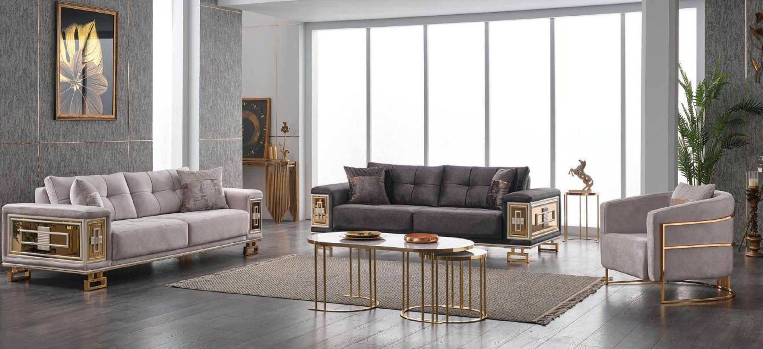 JVmoebel Wohnzimmer-Set Moderne Couchgarnitur Dreisitzer Sessel Wohnzimmer Edelstahlmöbel 3tlg, (3-St., 2x Sofa 3 Sitzer + Sessel), Made in Europe