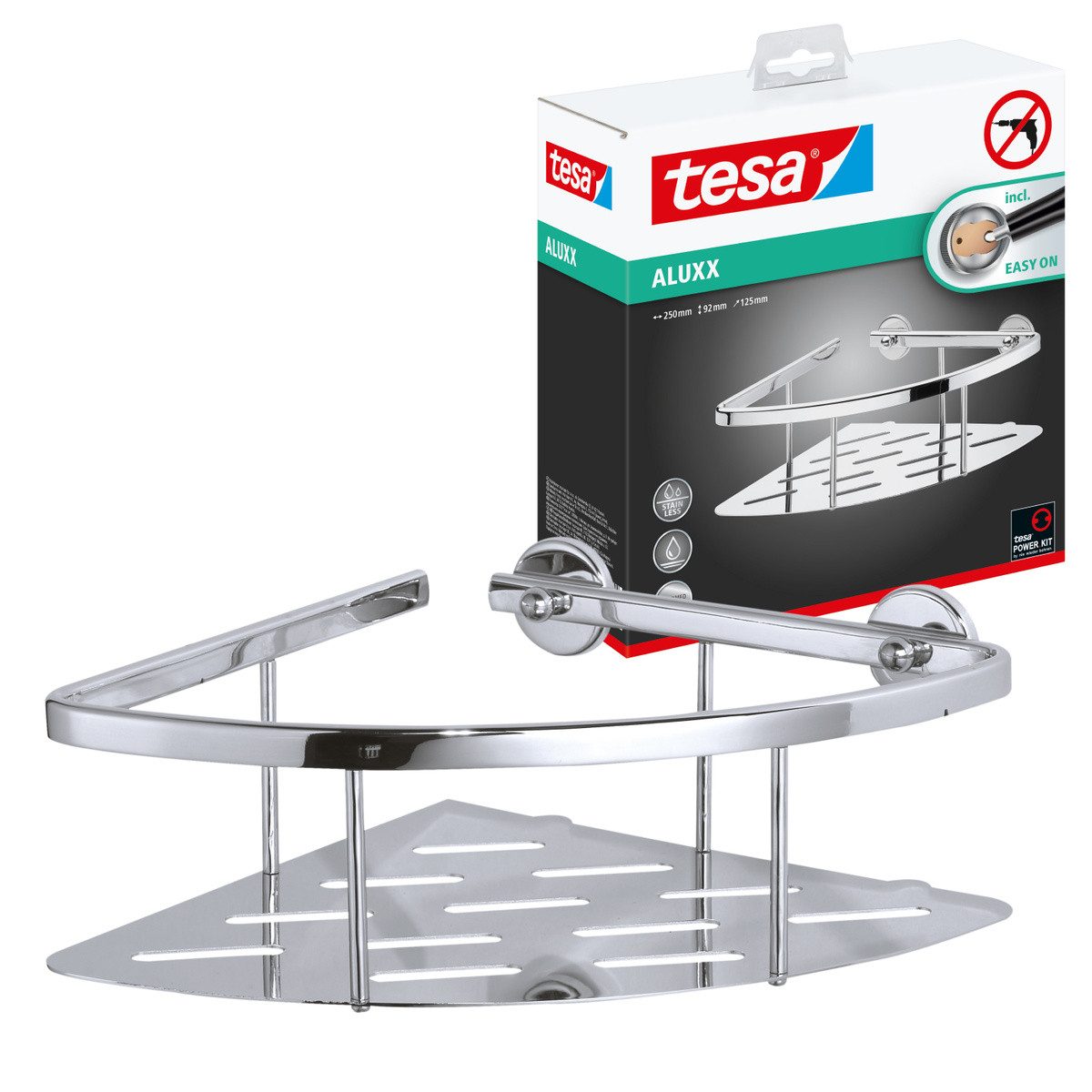 tesa Duschregal Aluxx Duscheckkorb ohne Bohren - 9,2x25,0x12,5 cm, 1-tlg., selbstklebendes Hängeregal für die Dusche - chrom - silber glänzend