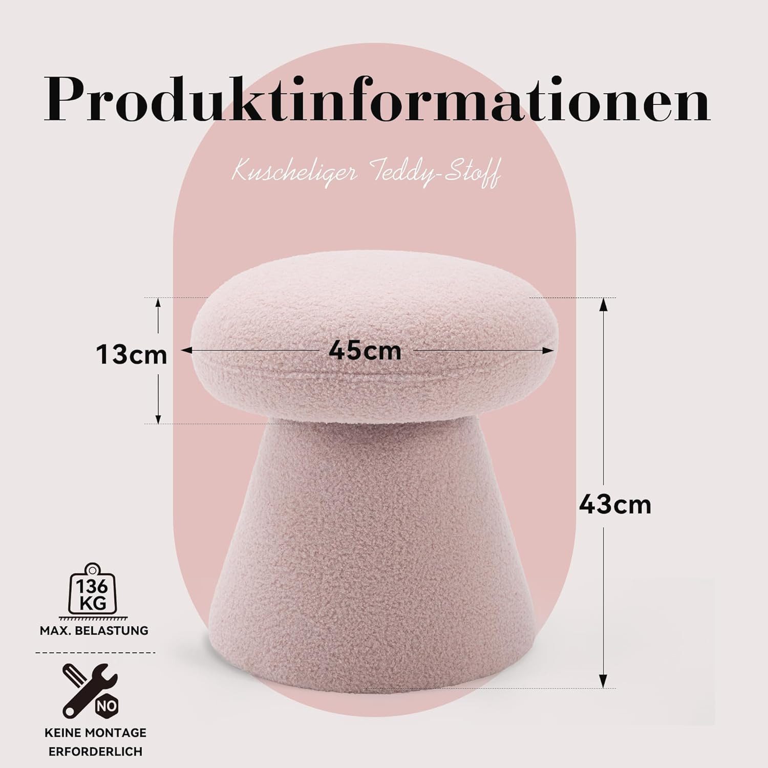 DEKKETO Hocker 360° Drehbarer Teddy-Pilz-Hocker als Schminktischhocker & Fußhocker (1 St), Bequemer Polsterhocker für Schlafzimmer, Ankleidezimmer & Wohnzimmer
