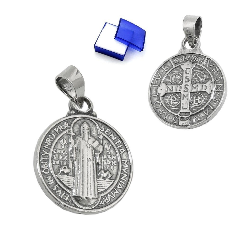 unbespielt Kettenanhänger Anhänger St. Benediktus-Medaille 14 mm Silber 925 inklusive Schmuckbox, Silberschmuck für Damen und Herren
