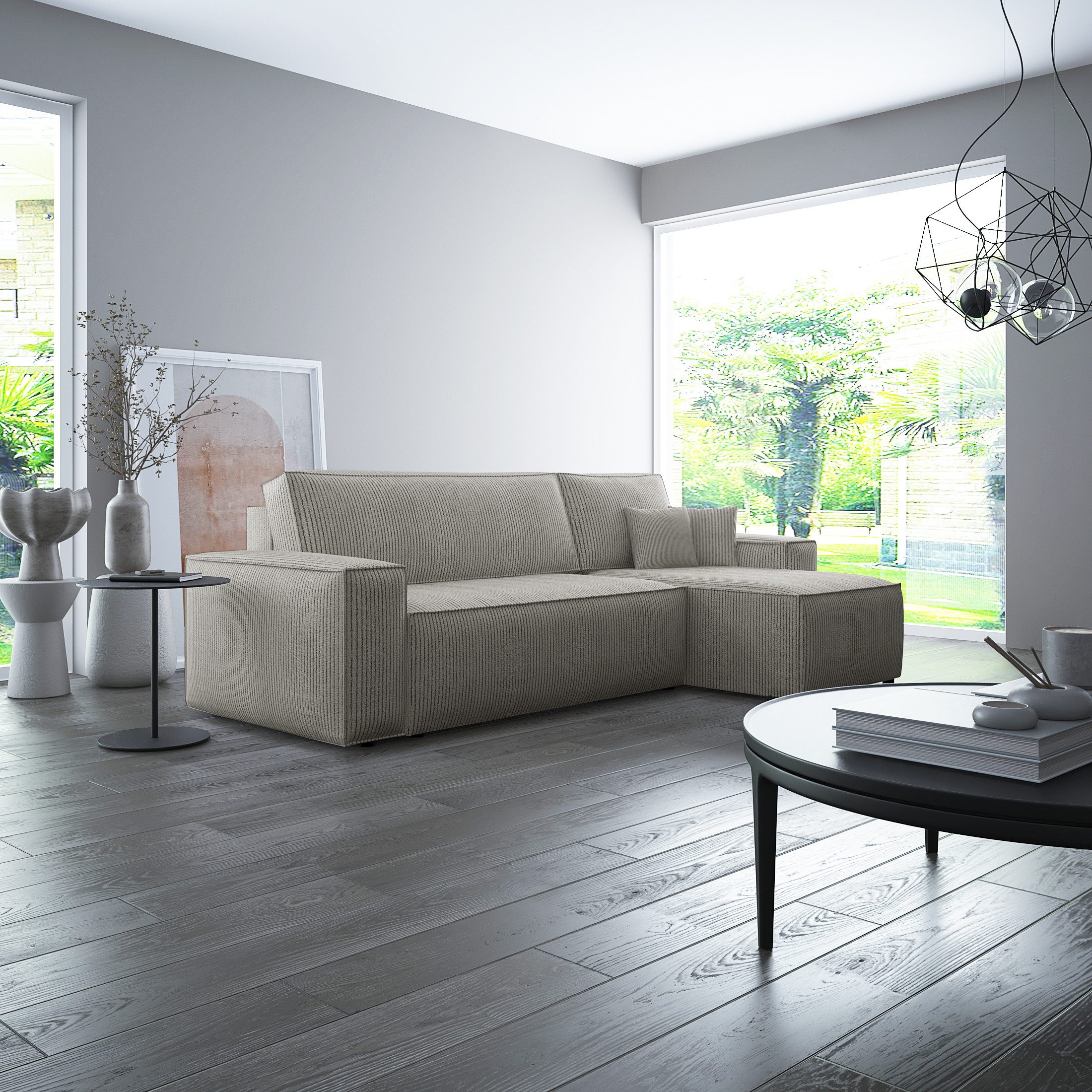 thematys Ecksofa mit Schlaffunktion und Bettkasten, L-Form, Cord und Bouclé + 2 Kissen, 244 x 145cm - Luxus Couch mit Bettfunktion mit Bonnellfedern