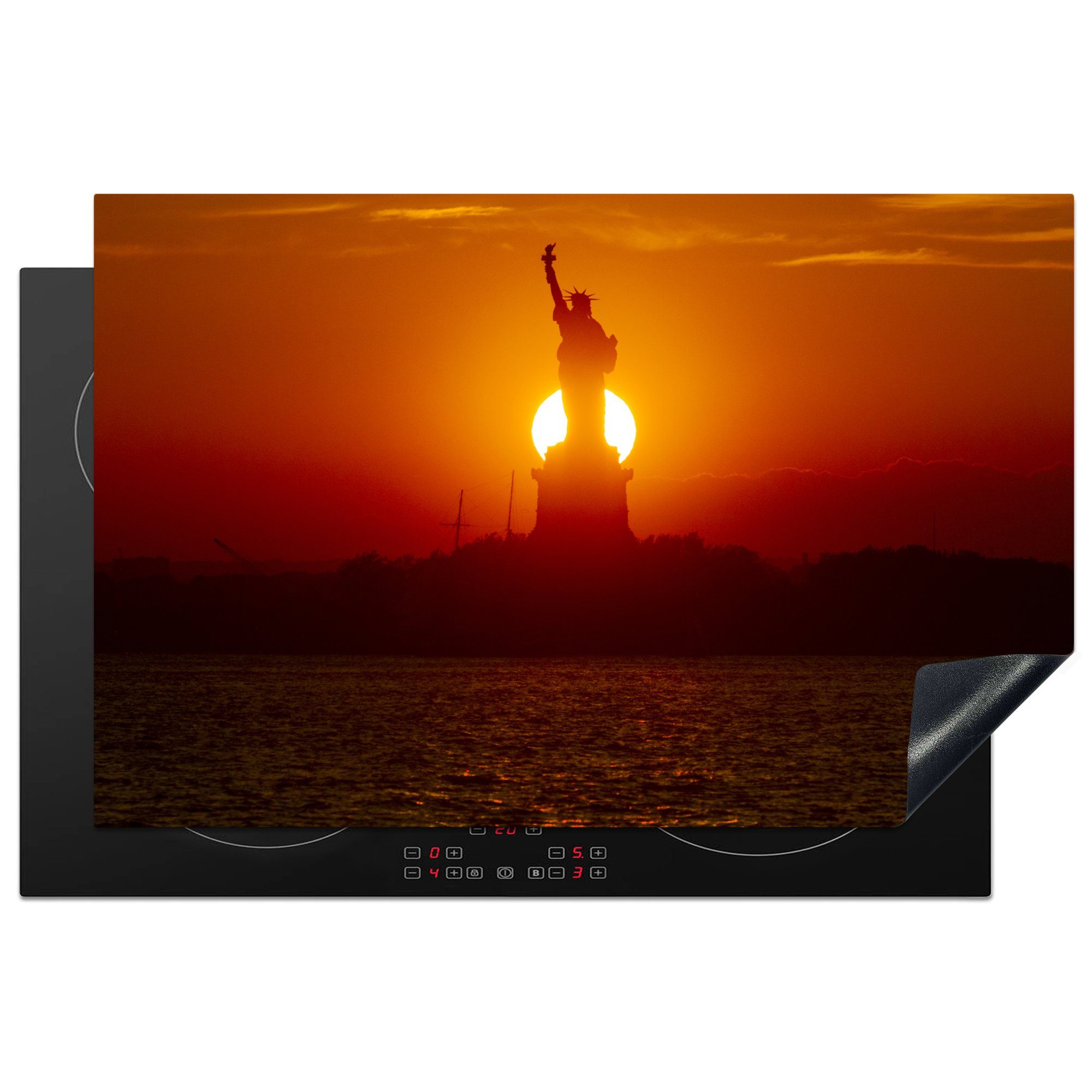 MuchoWow Herdblende-/Abdeckplatte New York - (1 Schutz 81x52 Sonnenuntergang, tlg), Ceranfeldabdeckung die Freiheitsstatue Vinyl, Induktionskochfeld küche, - für cm