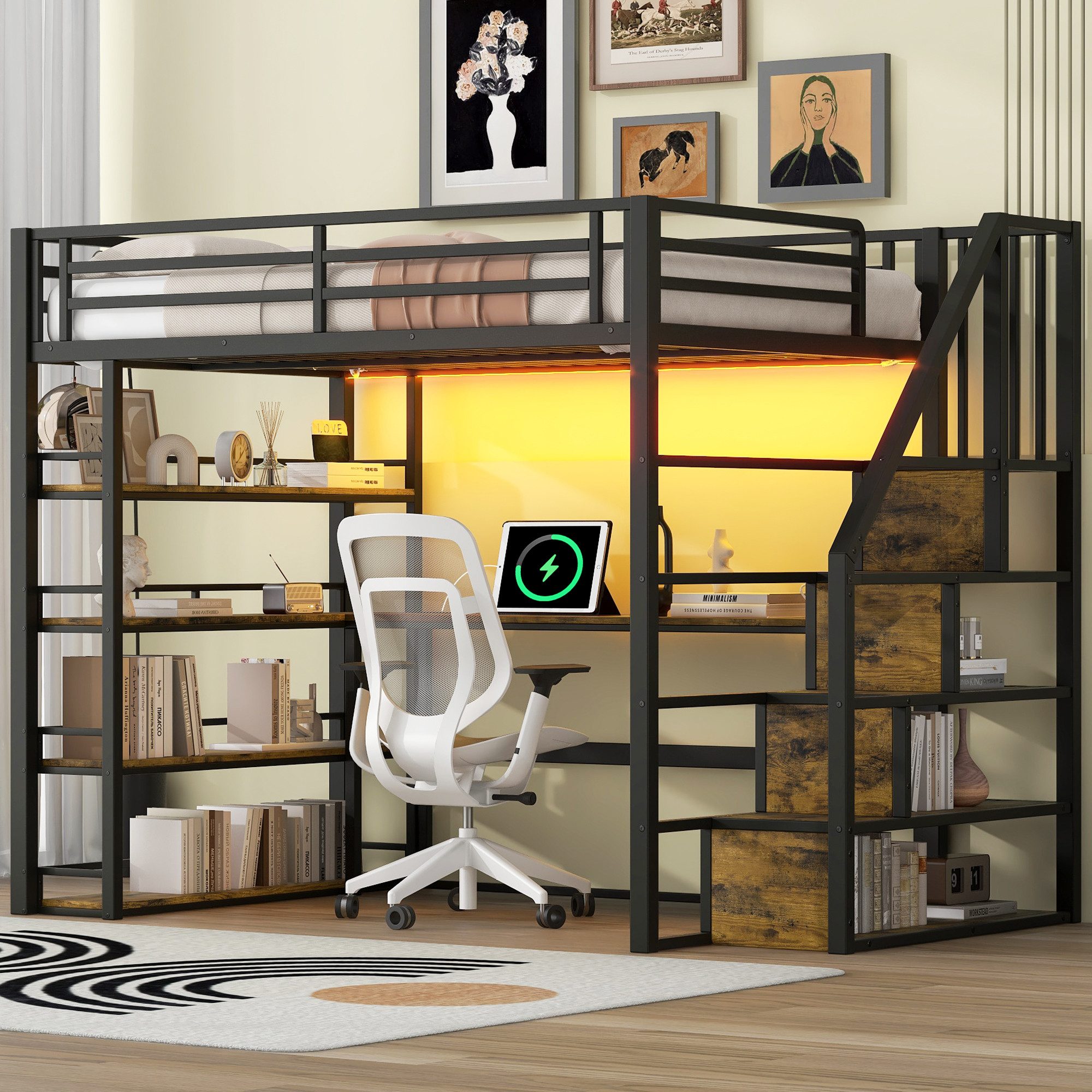 Flieks Hochbett LED Metallbett 140x200cm mit Stauraumtreppe, Schreibtisch u günstig online kaufen