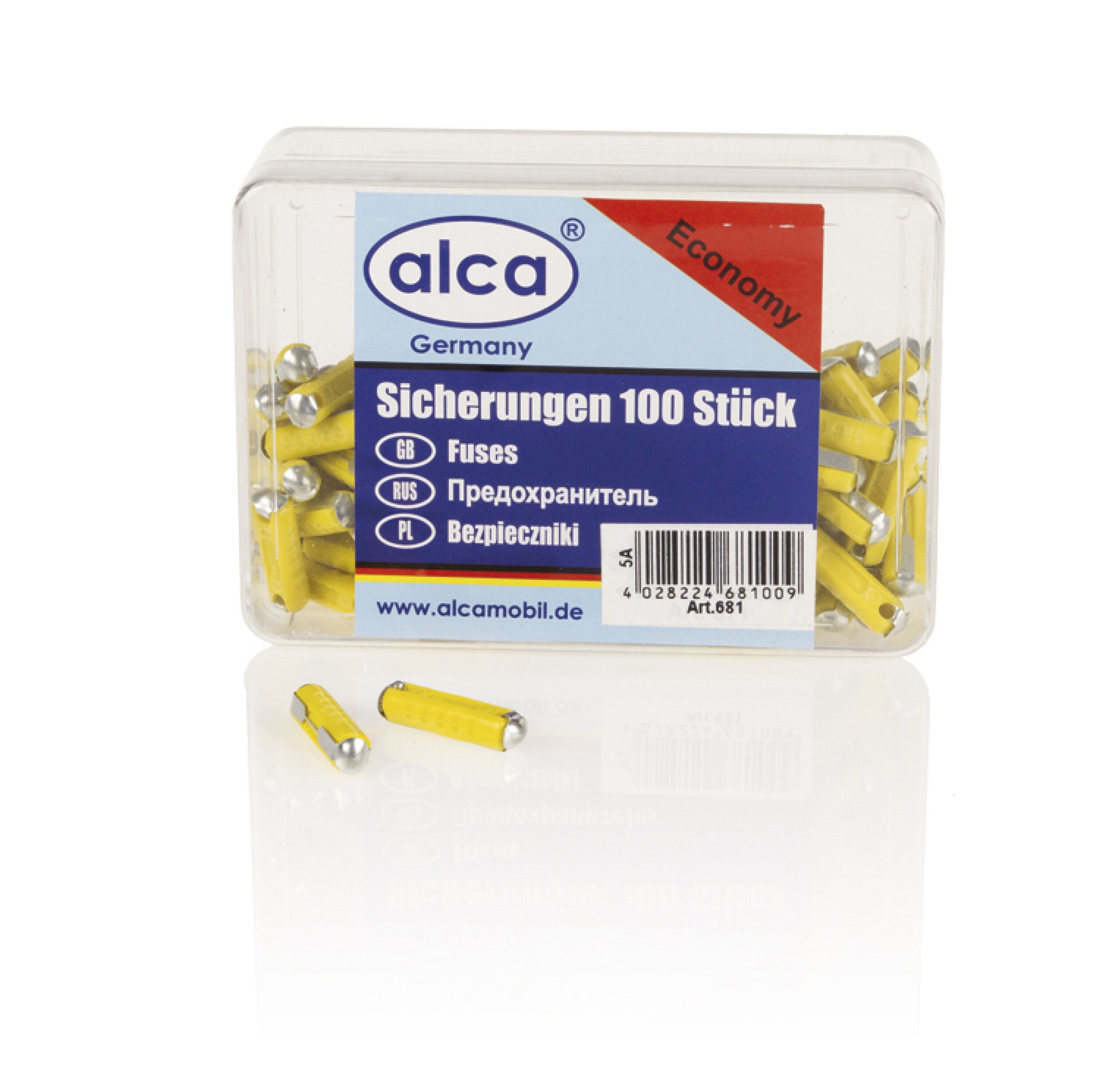 alca Flachstecksicherungshalter Torpedo-Sicherungen 5 A; 100 St. Economy Box Auto Abschmelzsicherung, (100-St., 5 Ampere (gelb)