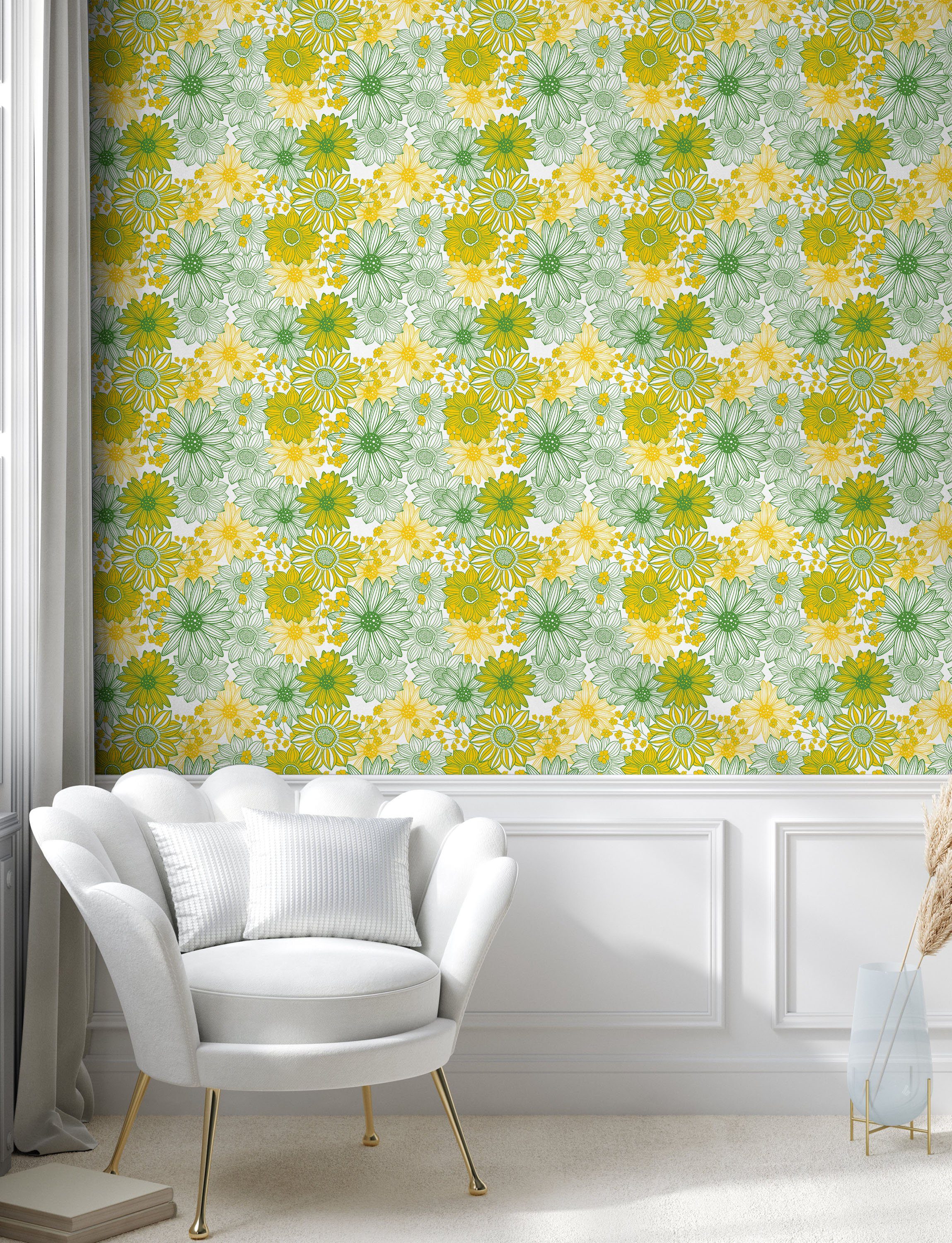 Blumen Wohnzimmer selbstklebendes Sonnenblume Küchenakzent, Vinyltapete Botanik Kunst Abakuhaus Cartoon