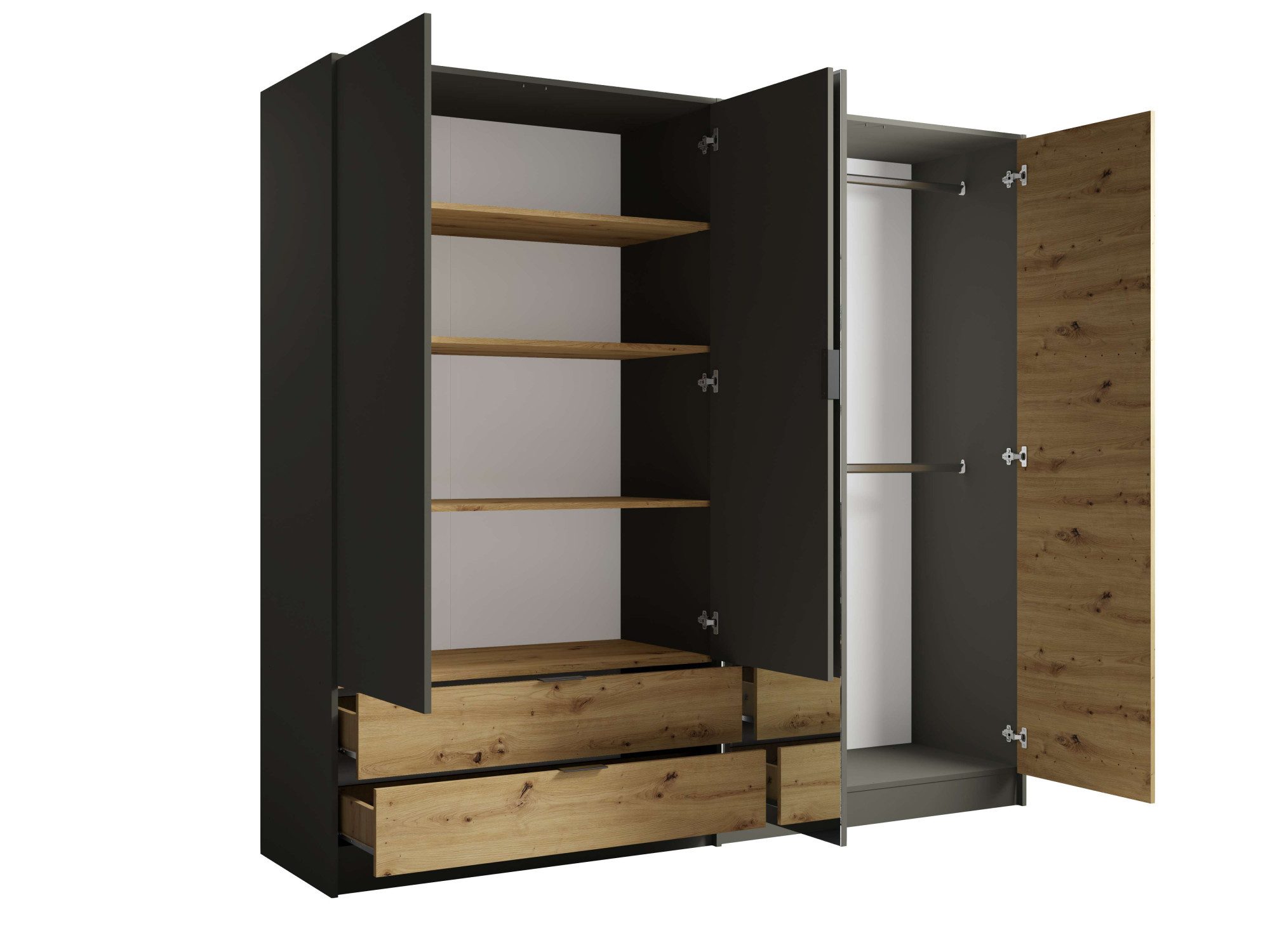 Home affaire Kleiderschrank Kleiderschrank Loreto mit Schubkästen und Spiegel, B/T/H 220/54/202 cm Schrank mit Drehtüren und Schubladen, Spiegel und MDF-Lamelle – Bild 4 von 5