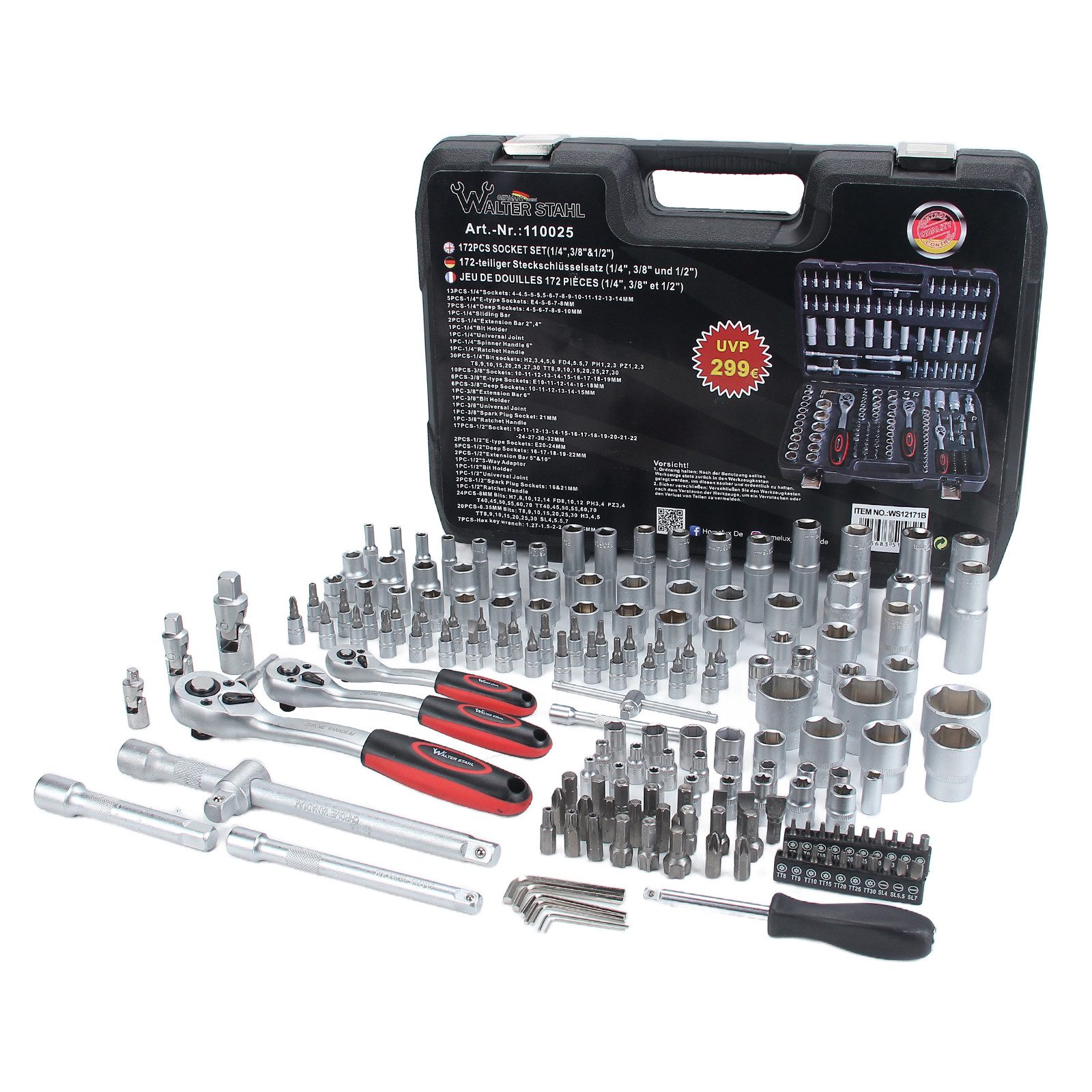 Walter Stahl Germany control Steckschlüssel 108/172/215-tlg Ratschenkasten, 1/4″+3/8″+1/2″ Steckschlüssel-Satz (Packung, 172 St., 108/172/215-tlg), Cr-V Ratschenschlüssel Set