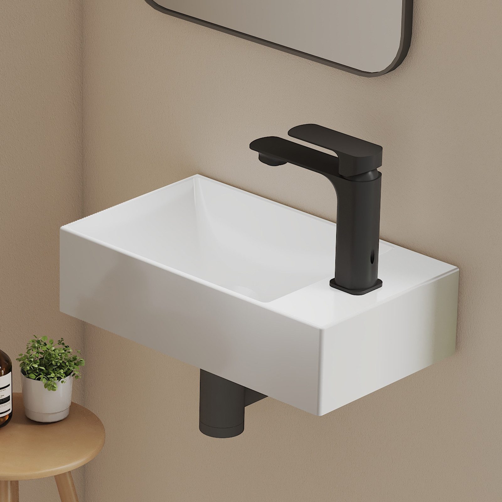 EMKE Aufsatzwaschbecken eckig Keramik Handwaschbecken 38x22 cm mit Hahnloch